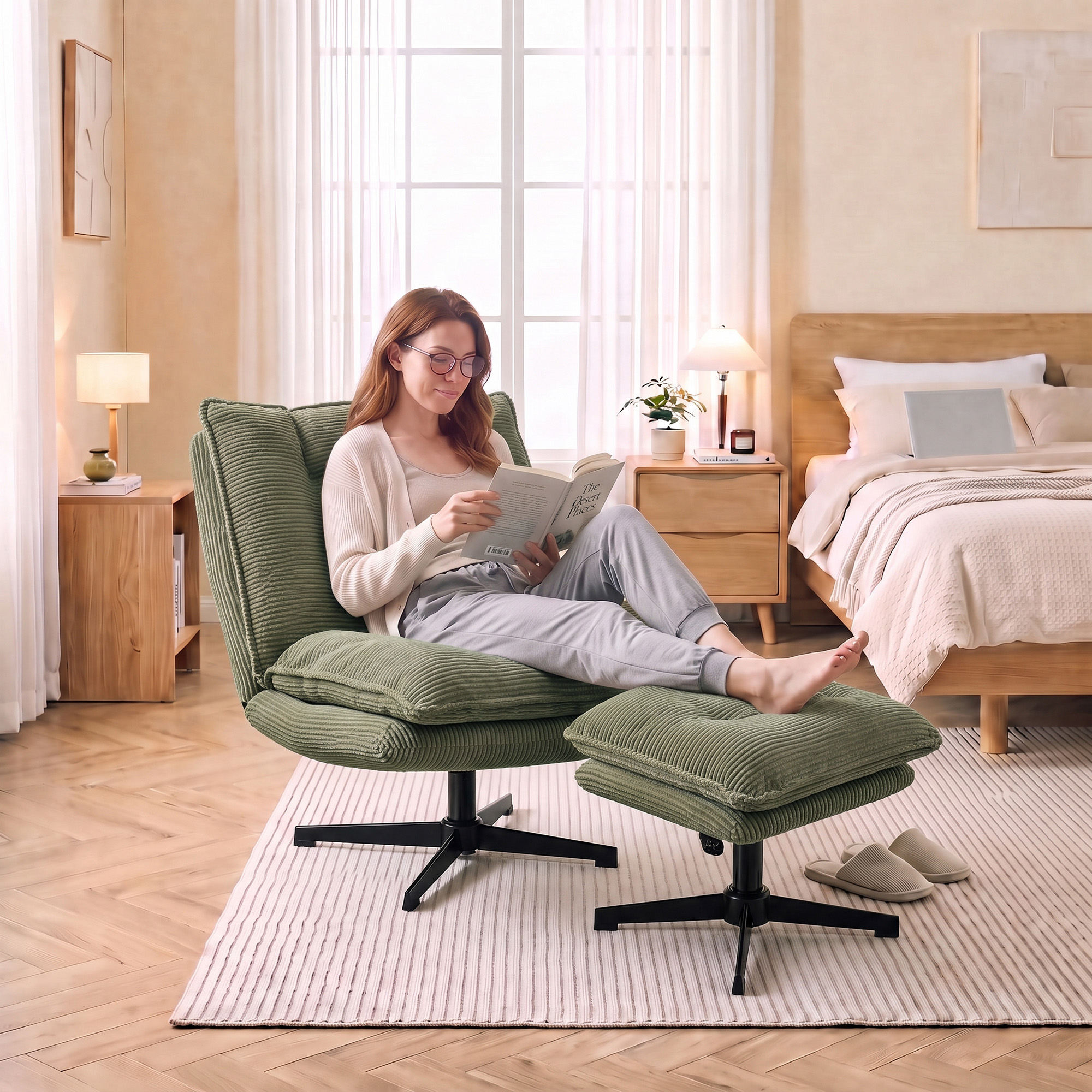 Loungesessel mit Hocker, 360° drehbar, Cordbezug, höhenverstellbare Fußstütze, Grün