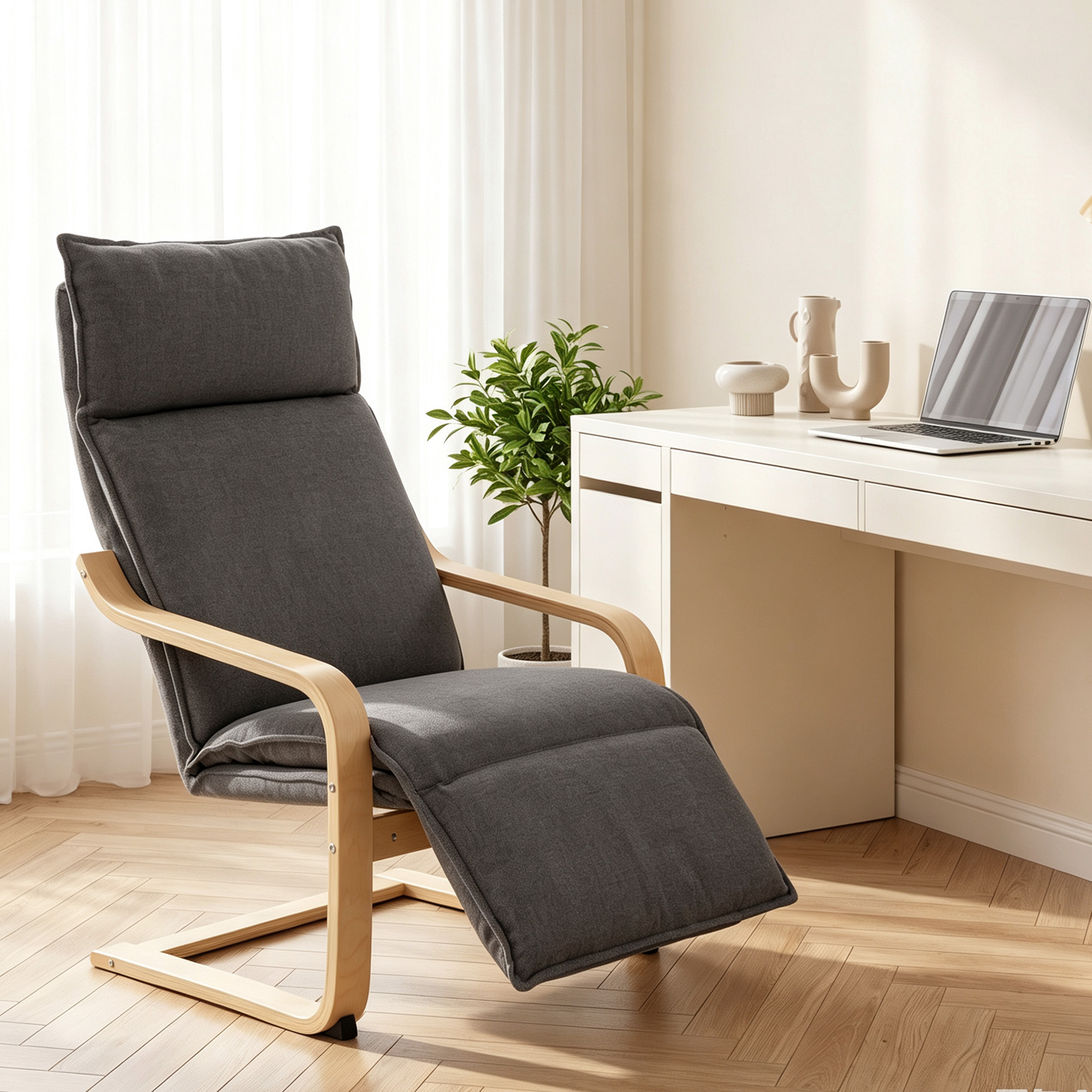 Loungesessel Wohnzimmer Sessel mit Fußstütze, Leinenoptik Moderner Schwingsessel mit Schaukelfunktion Dunkelgrau