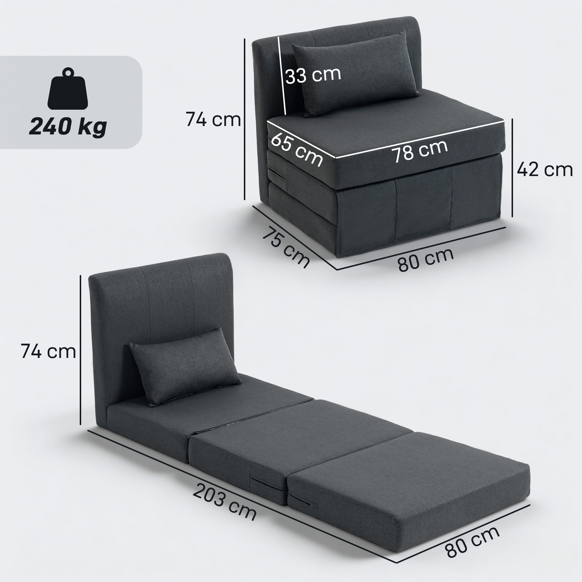 2-in-1 Schlafsessel Klappbares Sofa-Bett mit Leinenstruktur, Gepolstertes Gästebett Klappstuhl, Dunkelgrau
