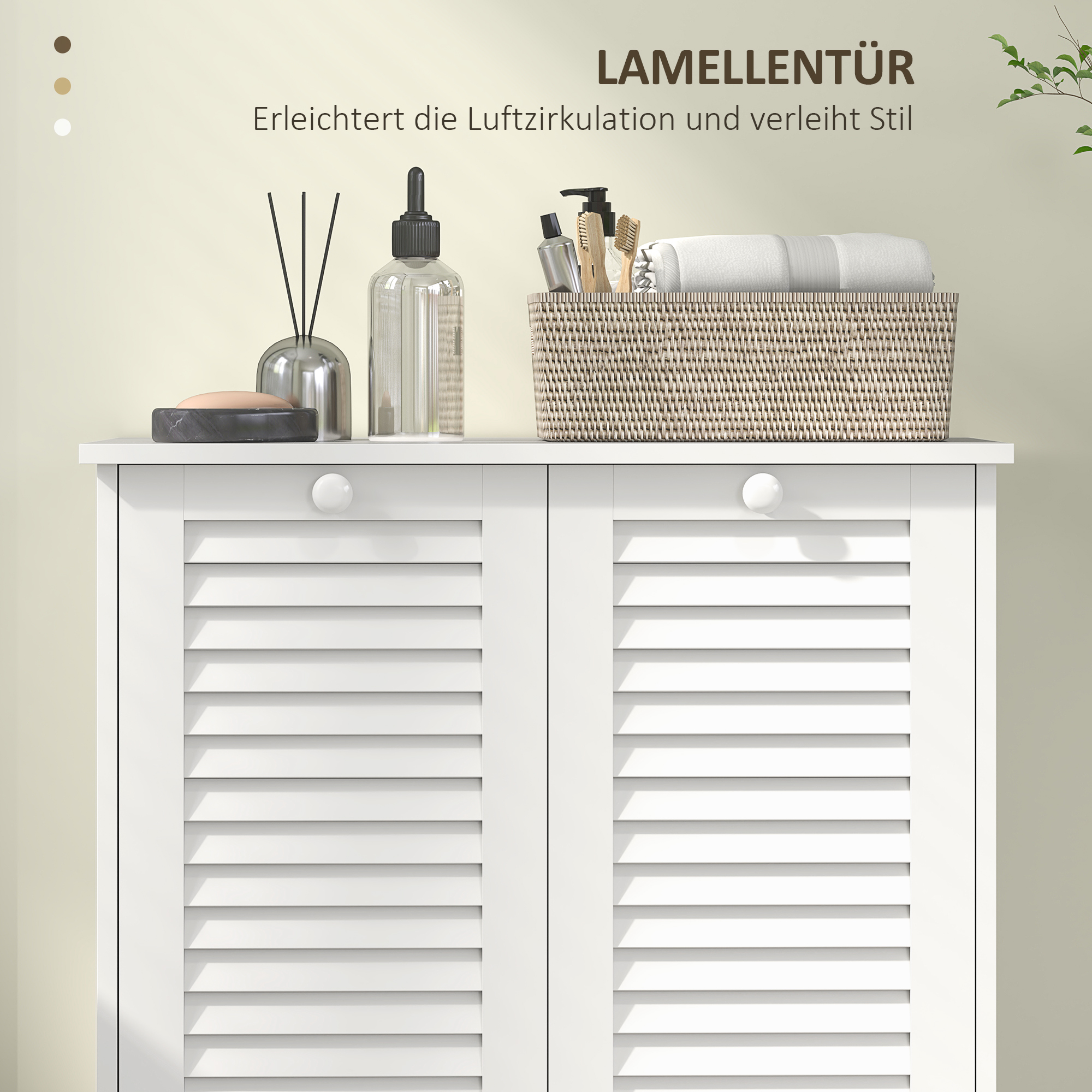 Wäscheschrank, 2 Kippbehälter für Wäsche, 2 Lamellentüren, 70 x 38 x 73 cm, Weiß