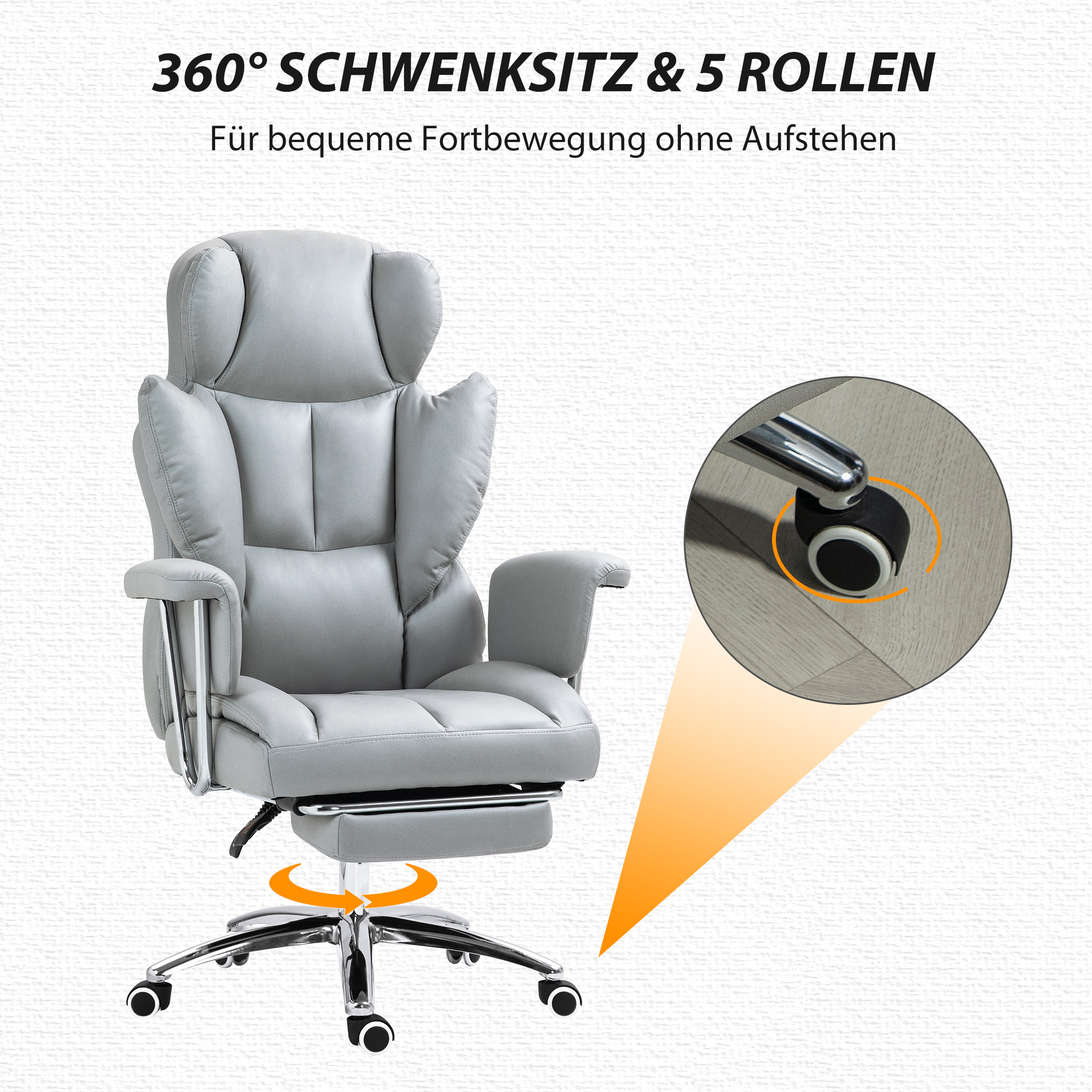 ergonomischer Bürostuhl, gepolstert, mit Fußstütze, verstellbarer Lehne, 360° drehbar, Hellgrau