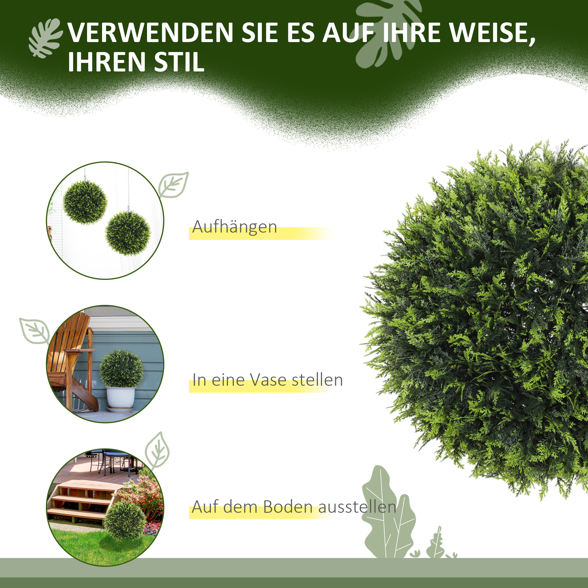 Künstliche Pflanzen im 2er-Set, UV-beständige dekorative Pflanzen, Deko-Pflanzen, Indoor, Outdoor, 45 cm, Grün