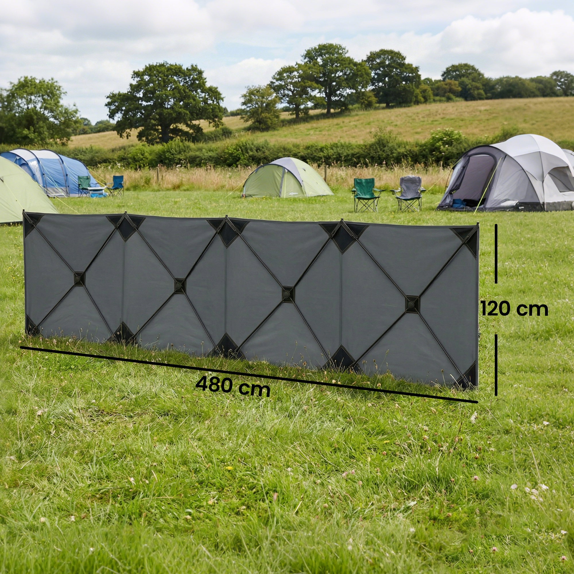 Windschutz faltbar Camping Sichtschutz mit Spannleinen Bodenhaken Tragetasche für Camping Garten 480 x 120 cm Dunkelgrau