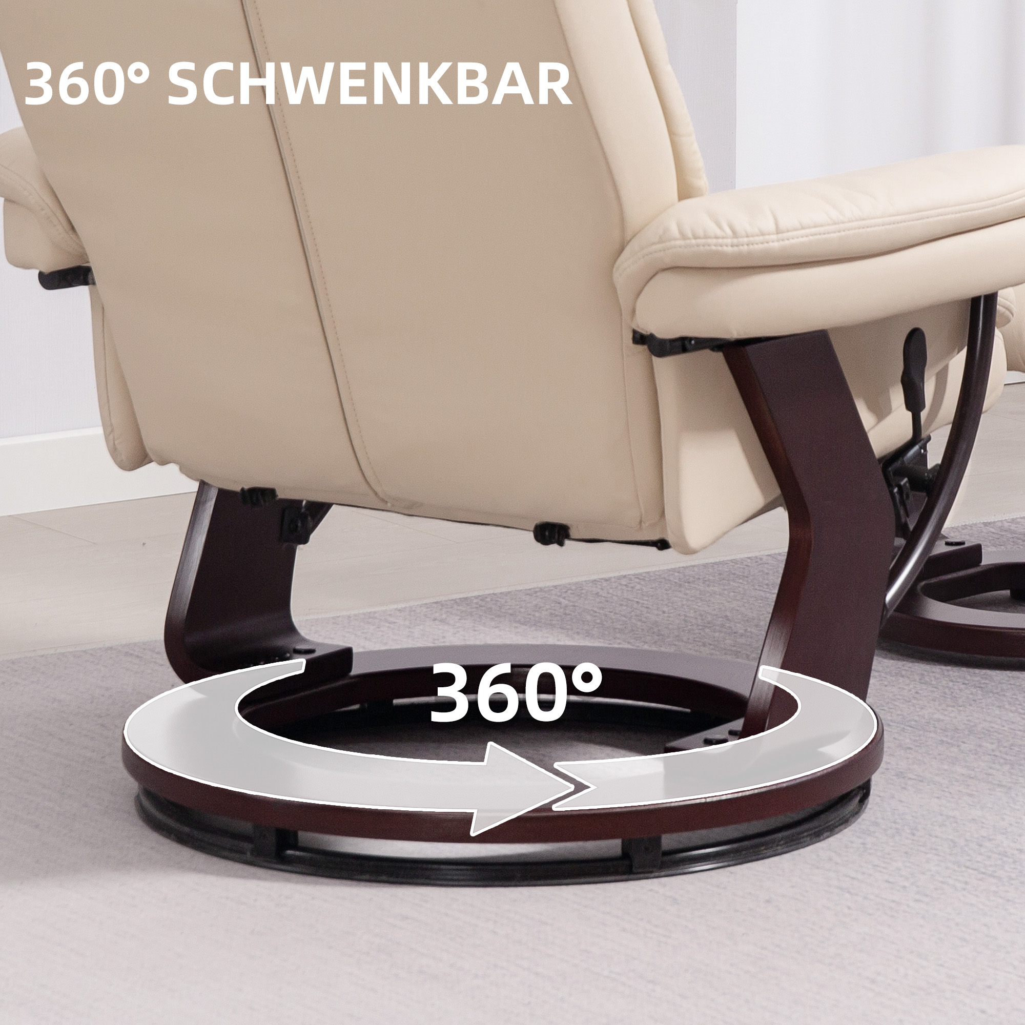 Relaxsessel mit Fußhocker, Verstellbarer Sessel, Kunstleder-Bezug, Polstersessel mit klappbarer Rückenlehne, Cremeweiß