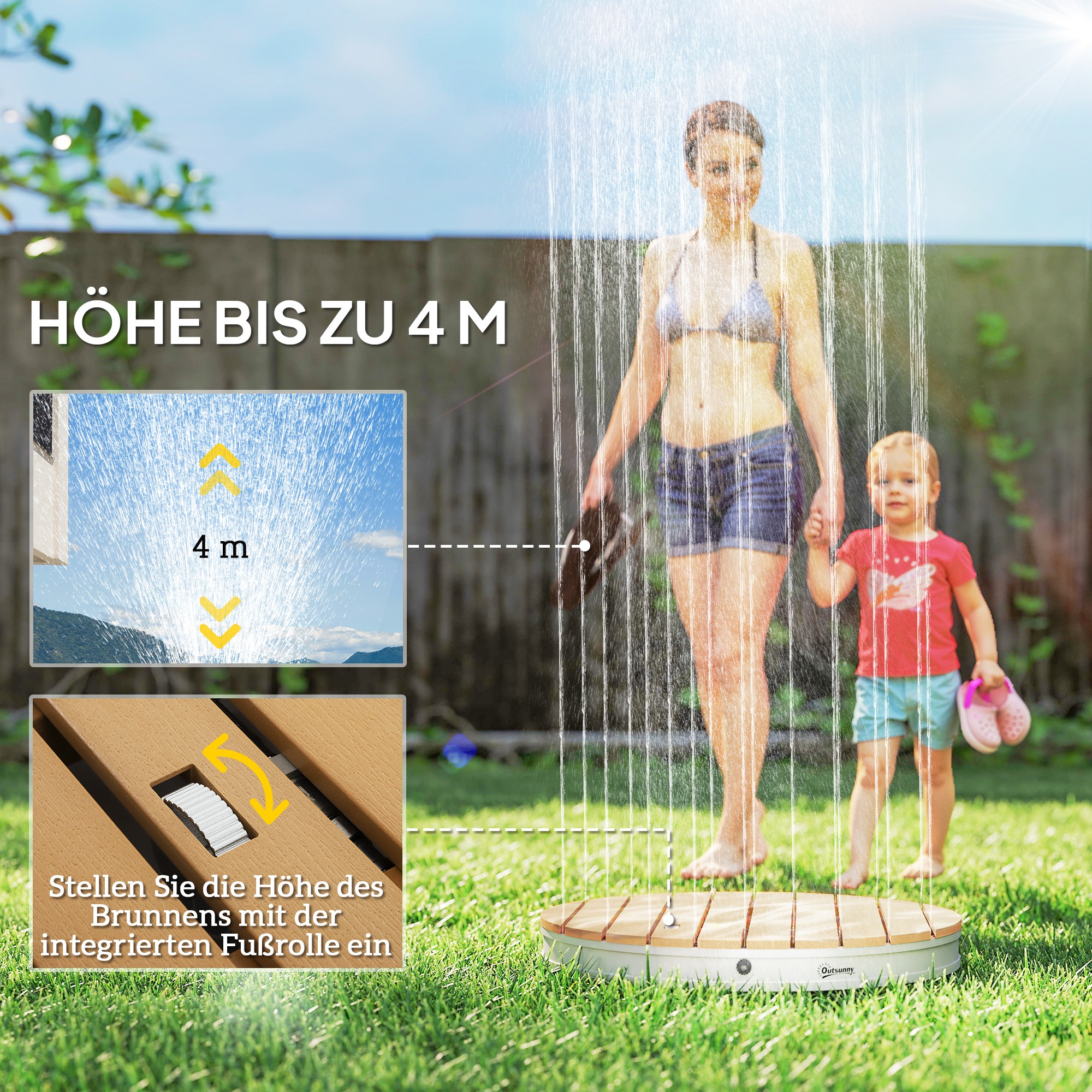 Tragbares Außenduschen-Set mit anpassbarer Fontäne, Aluminiumbasis, UV- und Frost-resistent, Naturholzoptik