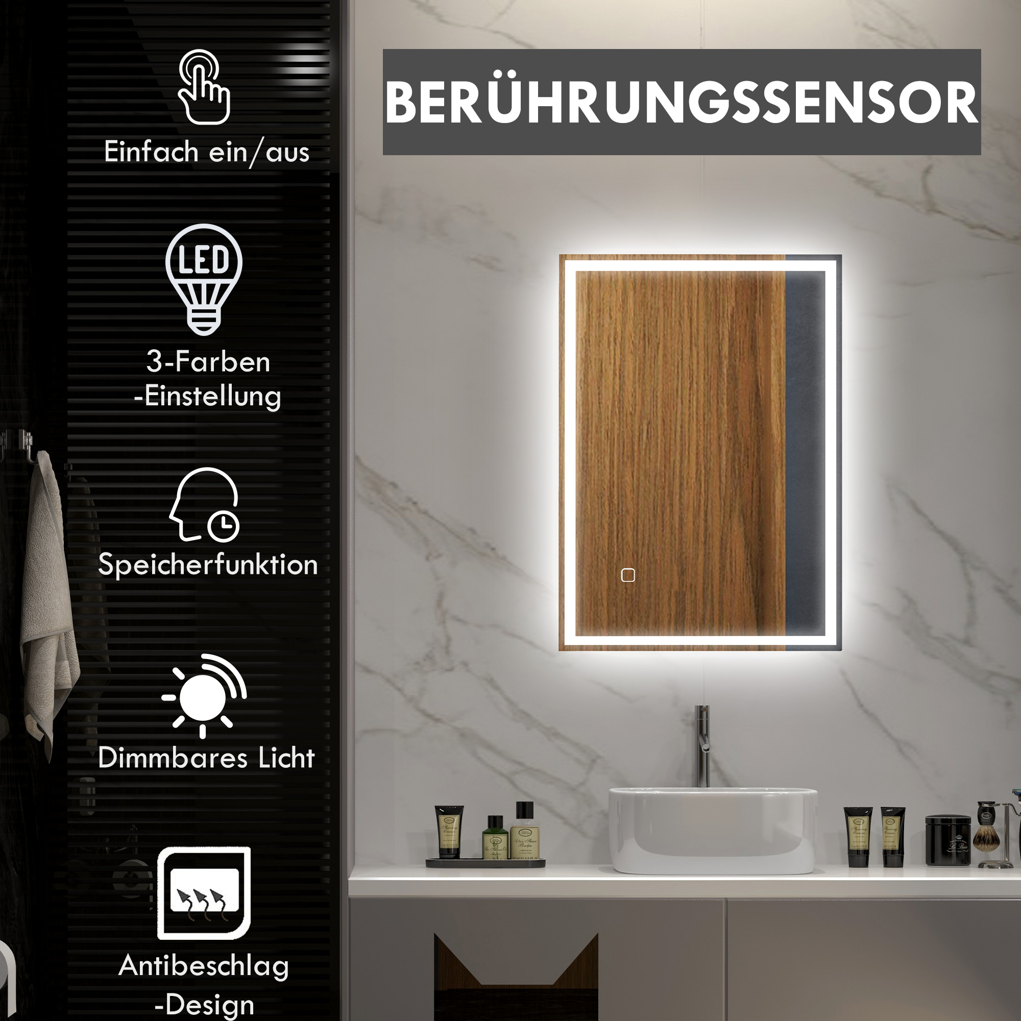 Badspiegel Badezimmerspiegel Wandspiegel LED´s. Berührungsschalter, Weiß