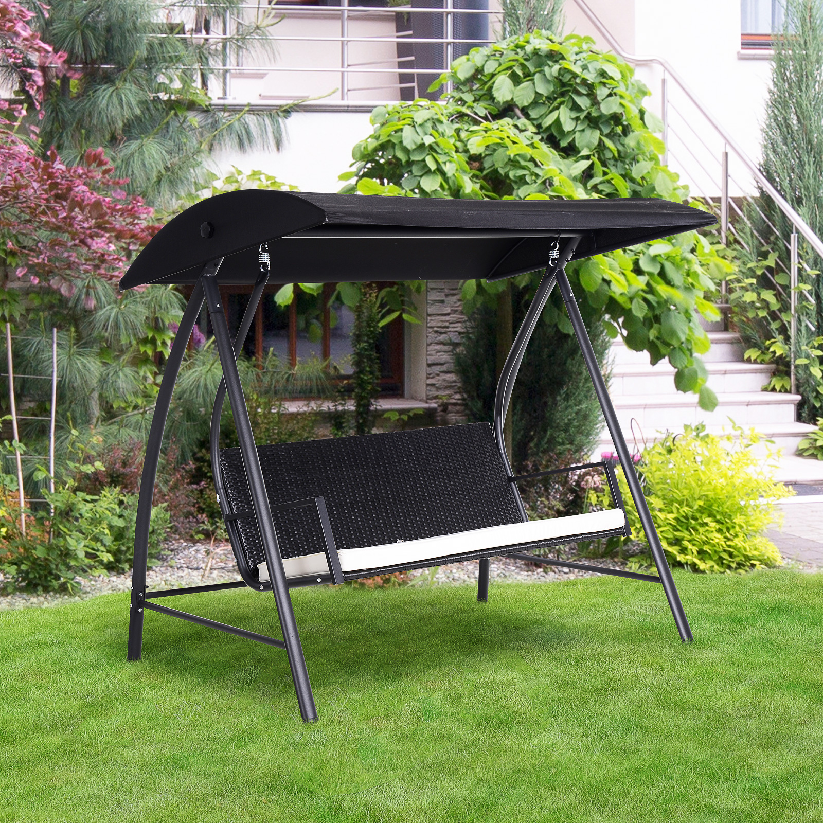 Hollywoodschaukel 3-Sitzer aus Polyrattan Gartenschaukel mit verstellbar Sonnendach Sonnenschutz Sitzkissen Hängebank bis 360 kg belastbar Hängeschaukel für Garten 198x124x179cm Schwarz