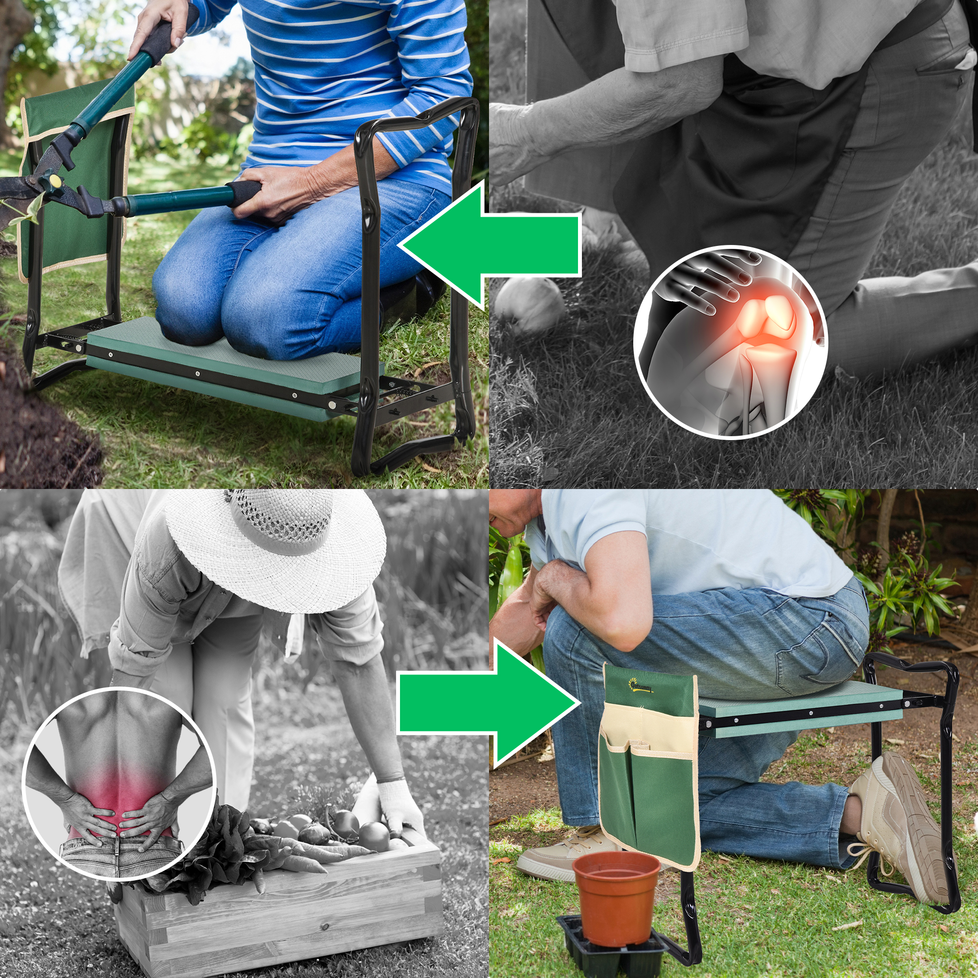 Kniebank, Klappbarer Gartenhocker, 2-in-1, Kniehilfe, mit Werkzeugtasche, EVA-Schaumstoff, 58 x 28 x 49 cm