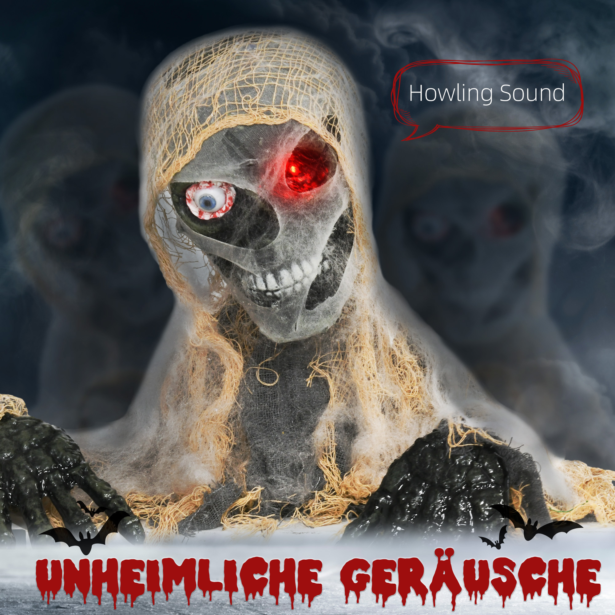 Halloweendekoration, einäugige Mumie, biegsame Arme, leuchtende Augen, gruseliges Heulen, 55x18x35 cm