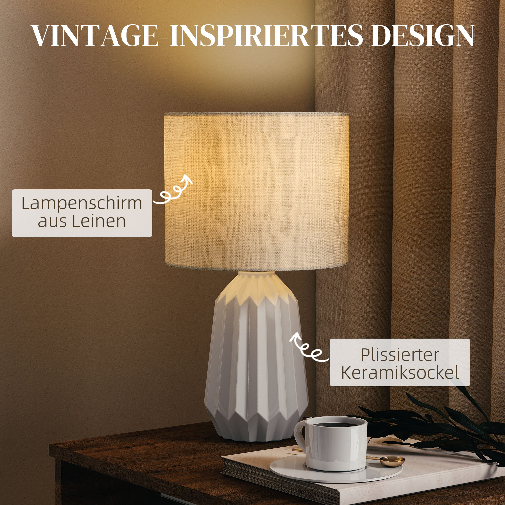 Tischlampe, Tischleuchte, Nachttischlampe mit Leinenschirm, Wippschalter, Schreibtischlampe, 22 x 22 x 39 cm, Weiß