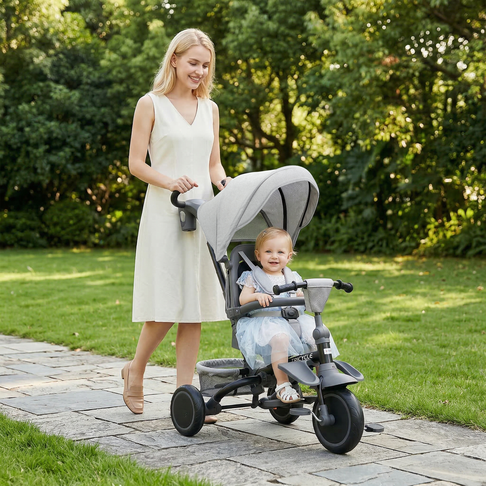 Kinderdreirad, 6-in-1 Buggy für Kleinkinder, mit Schiebegriff, verstellbarer Sitz, faltbares Design, Sicherheitsnetz, Grau