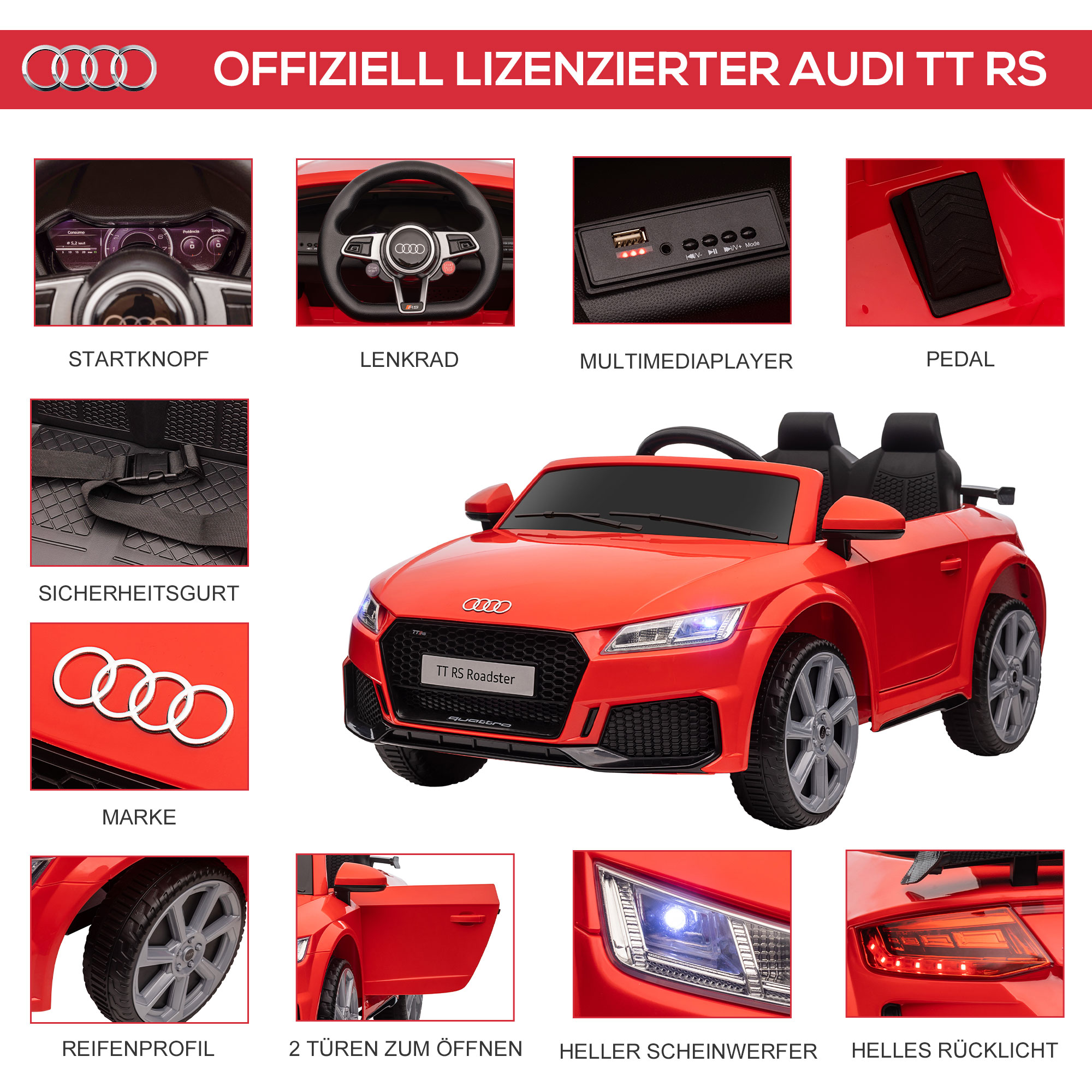 Kinderfahrzeug Audi TT RS Roadster, 3 km/h, Fernbedienung, LED, USB, rot