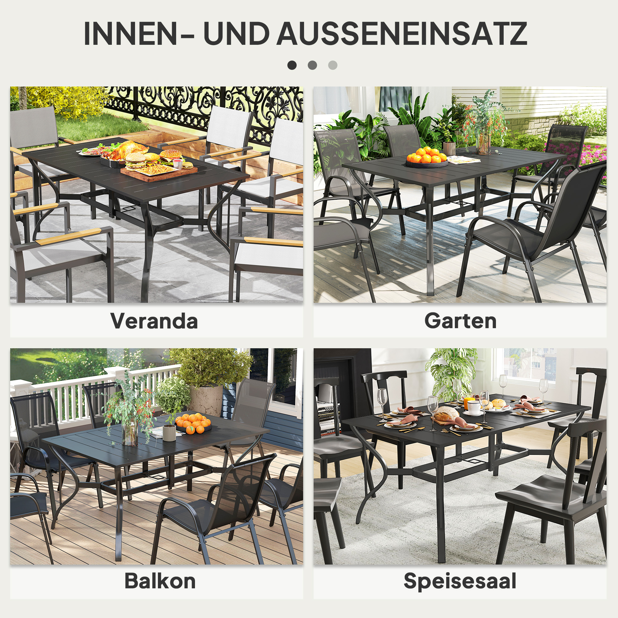 Gartentisch Stahl 150x90 cm Wetterfest Balkontisch mit Schirmloch, Lamellen-Design für 6 Personen Schwarz