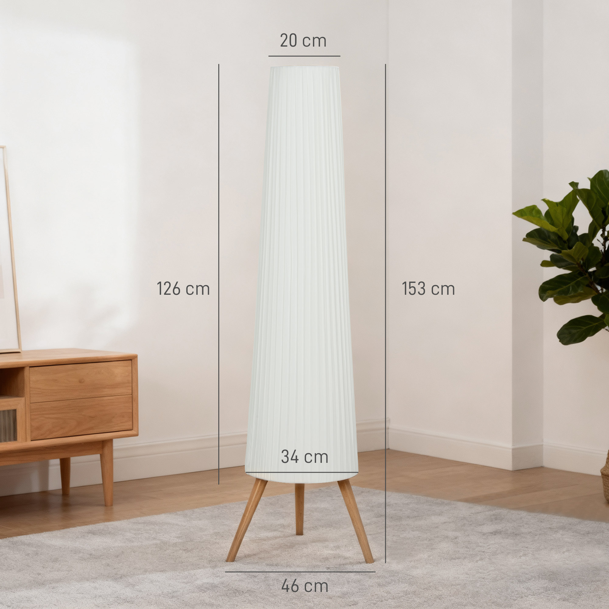 LED Stehlampe Wohnzimmer Dimmbar Holz mit Dreibein, Stehleuchte mit Fußschalter, 46 x 46 x 153 cm, Weiß