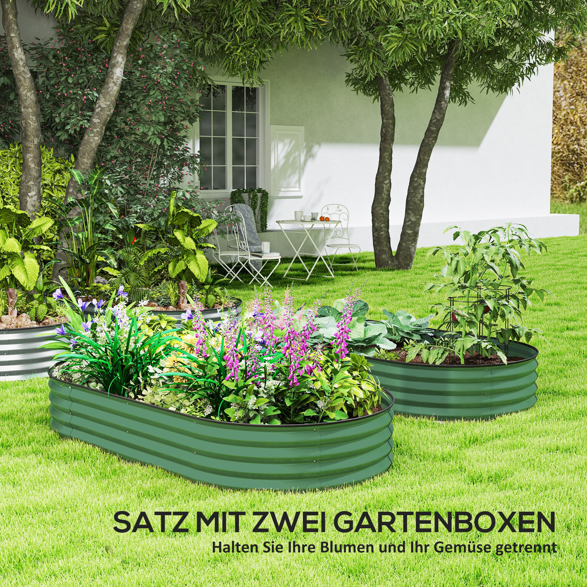 2er-Set Hochbeete für Garten, Outdoor-Pflanzenkübel mit offenem Boden, Gummirand, Metall, 181 x 93 x 30 cm, Grün
