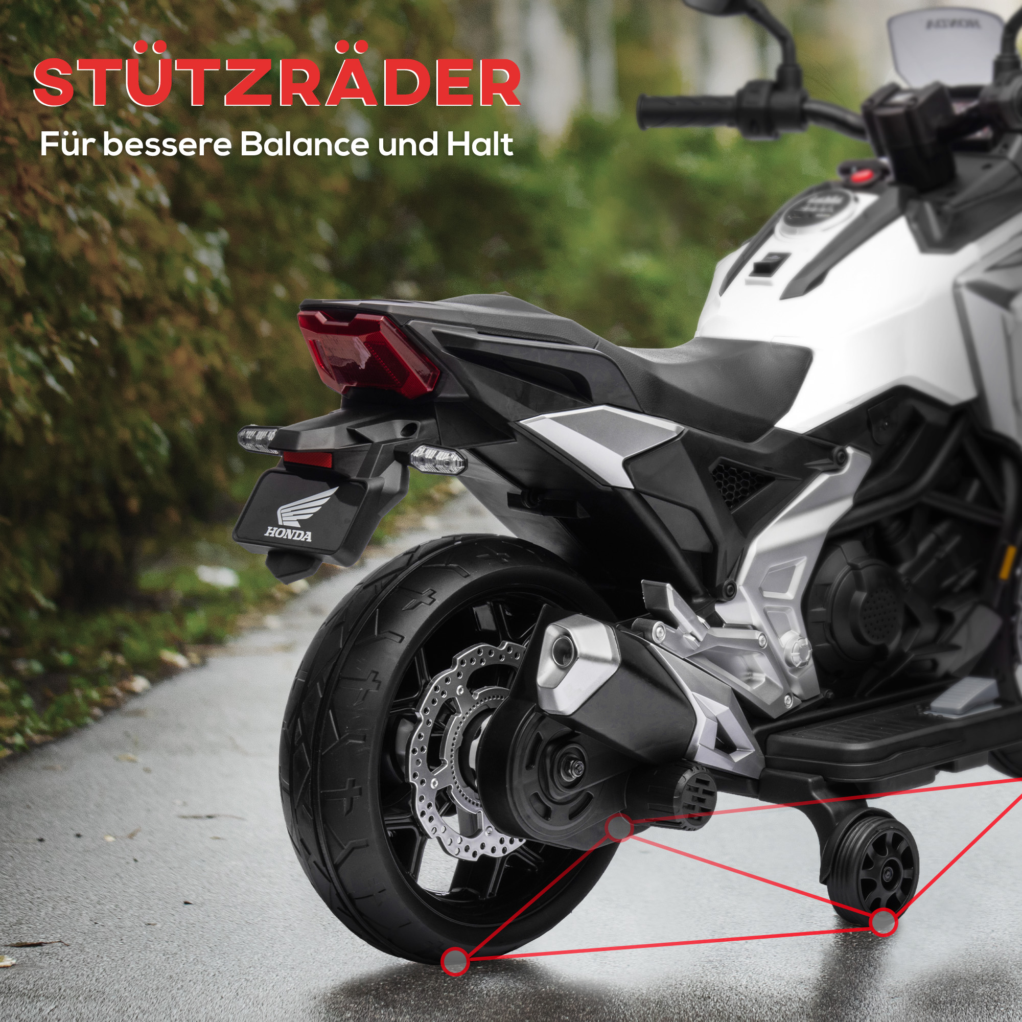 Elektro-Kindermotorrad, Honda, 3 km/h, Musik & Licht, 3-6 Jahre, bis 30 kg, Weiß