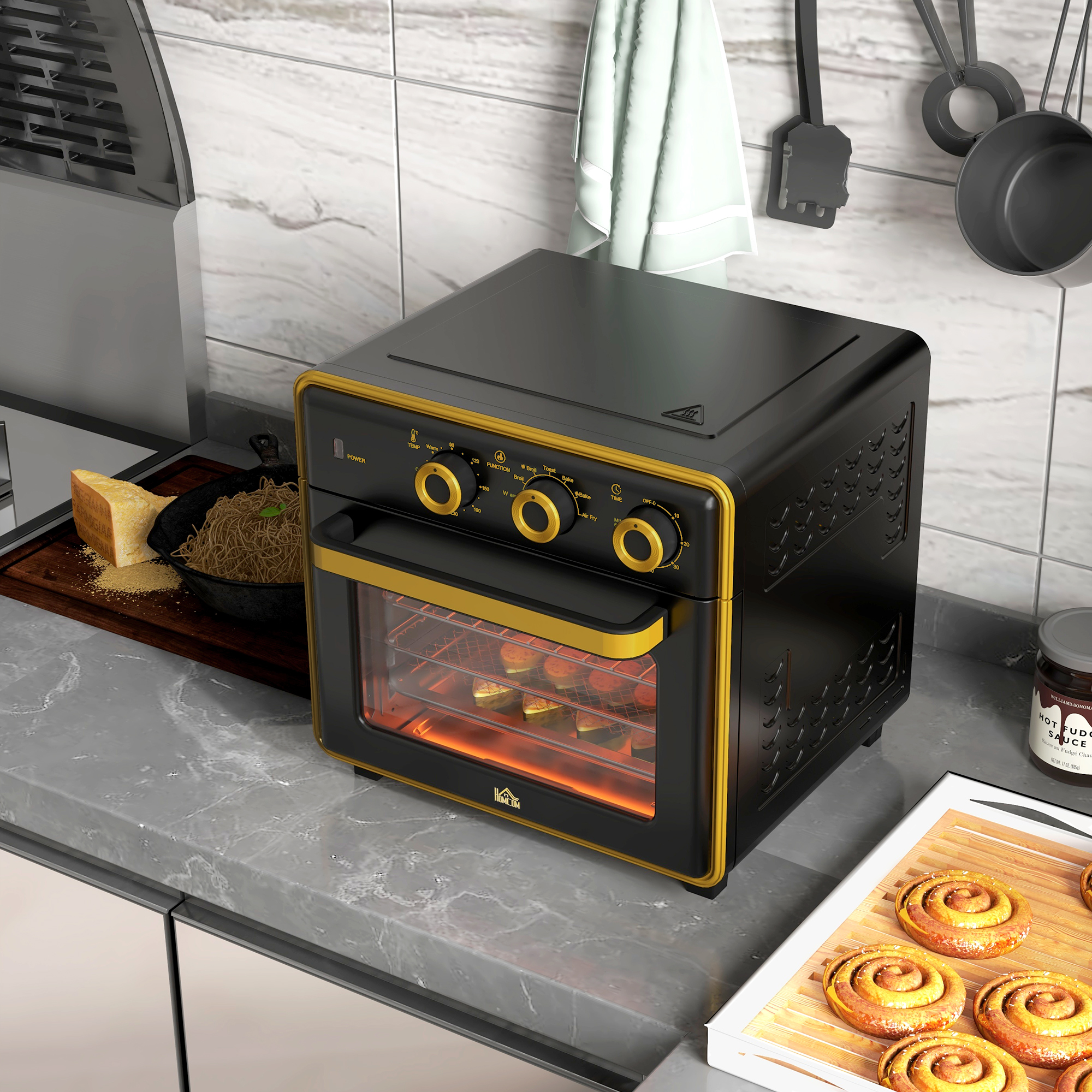 Mini-Backofen, 20 Liter, ölfreies Frittieren, Grillen, Backen, Umluft, 90-230° C, Timer, 1400W, schwarz+gold