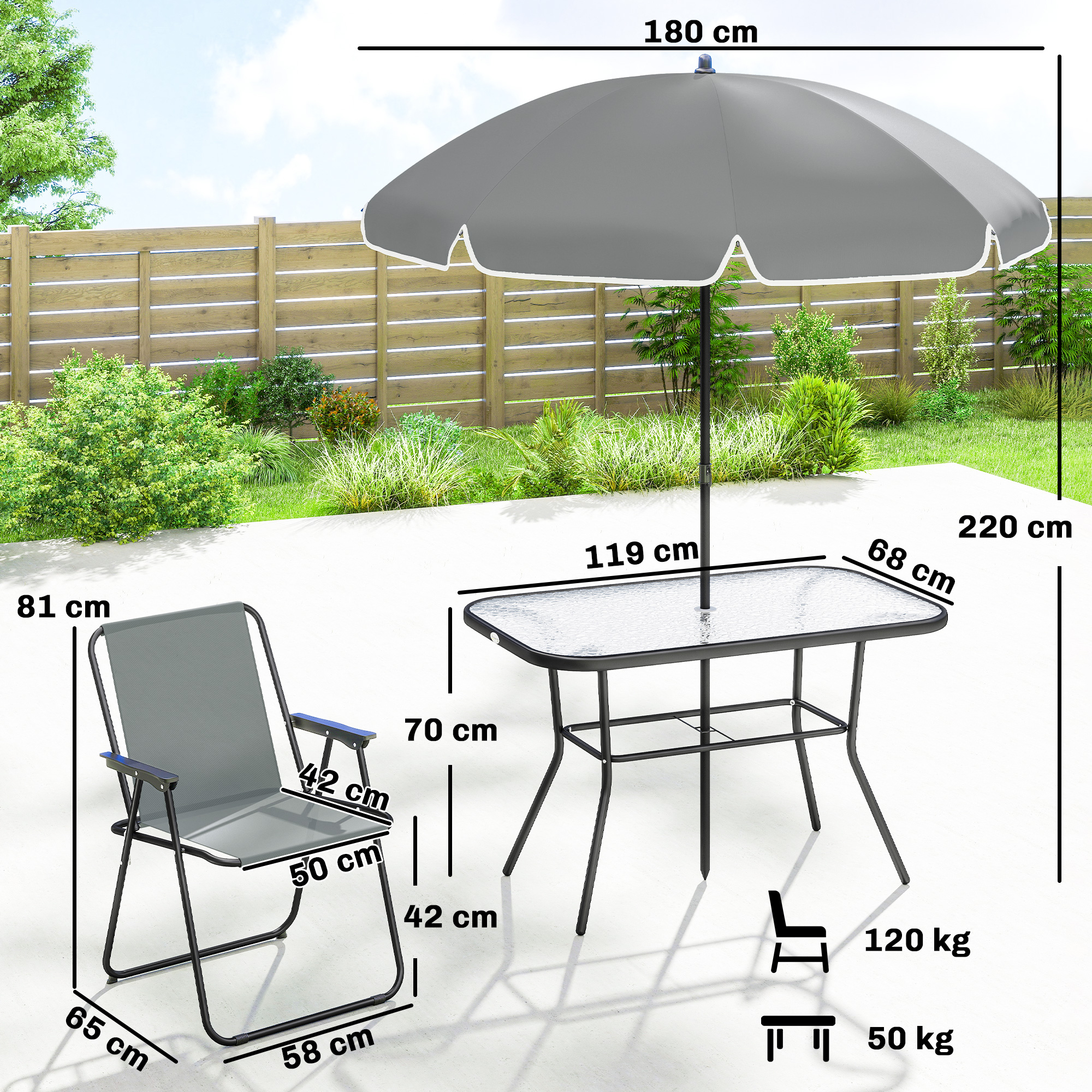 Gartenmöbel Set Sitzgruppe 119 x 68cm Glastisch mit 6 Klappstühlen Sonnenschirm Wasserwellenmuster Grau