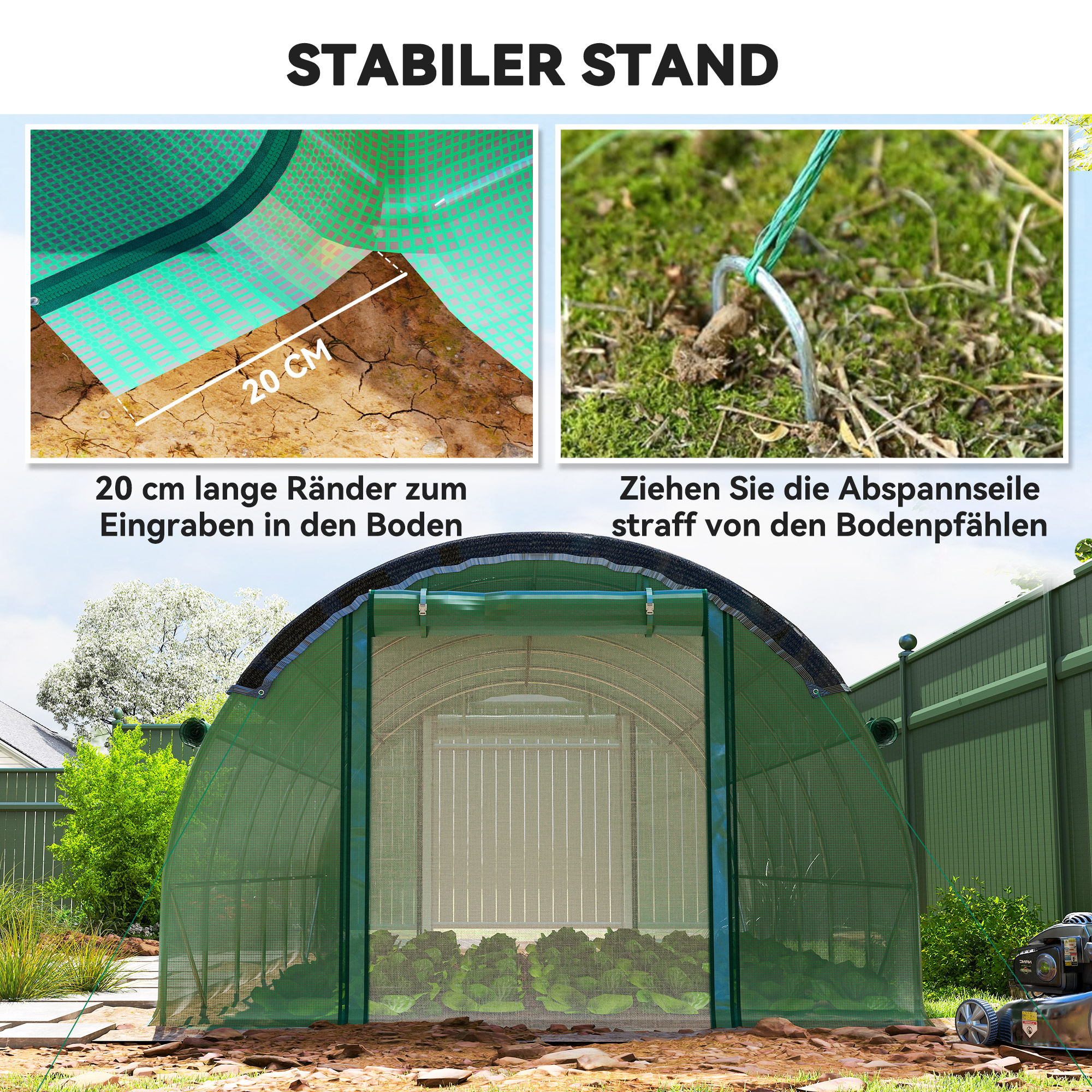 6 x 3 x 2 m Polytunnel-Gewächshaus mit Sonnenschutznetz, rollbaren Seitenwänden, Kunststoff-Abdeckung, Stahlrahmen, Grün