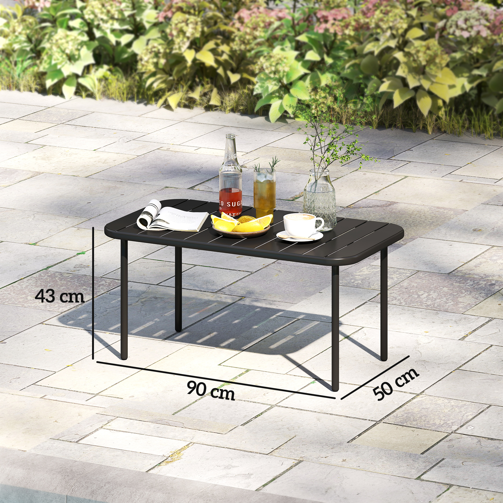 Outdoor-Couchtisch, wetterfester rechteckiger Metall-Patiotisch mit Lamellentischplatte für den Außenbereich