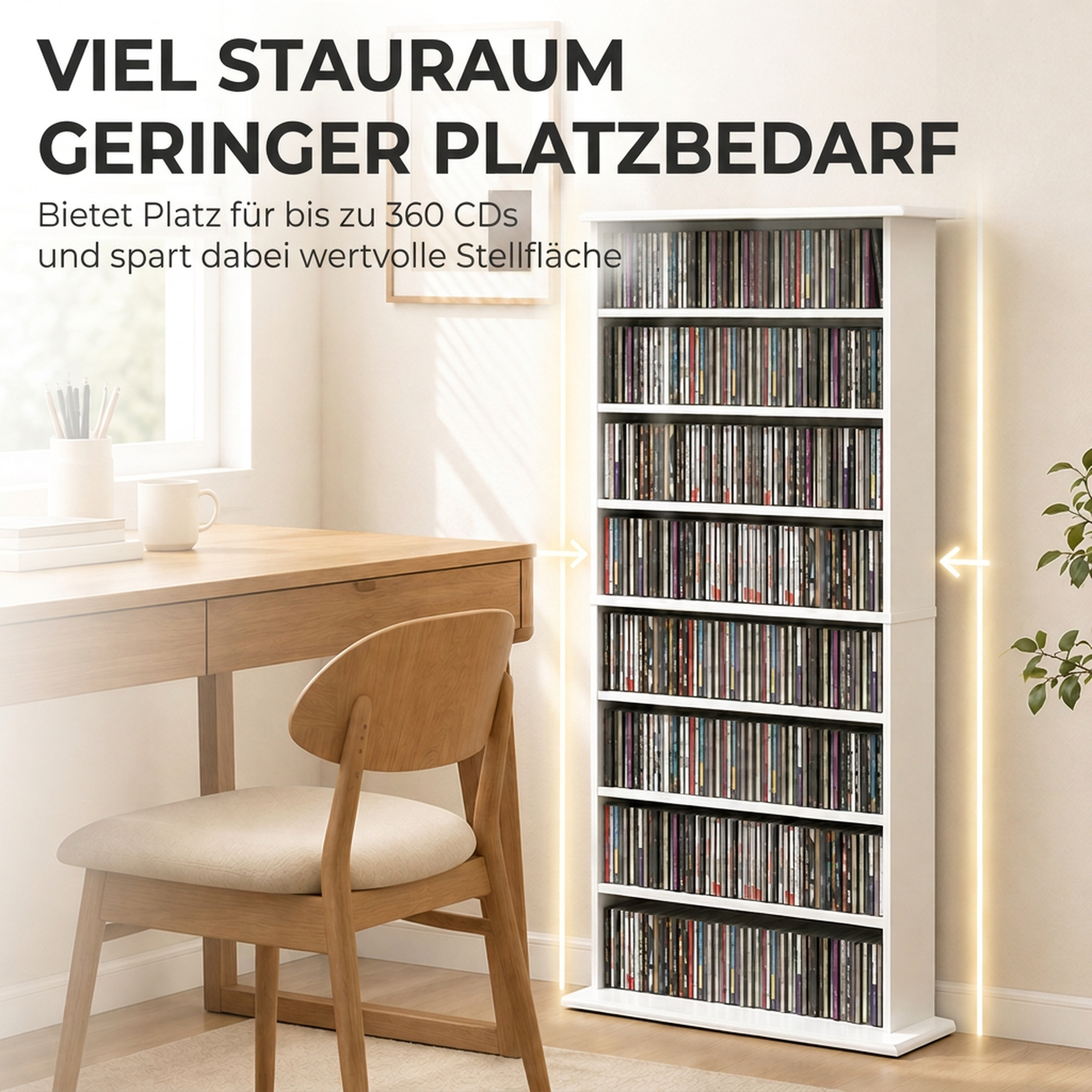 Schmaler Medienschrank, 8 Ebenen, 6 verstellbare Einlegeböden, 8 Fächer, für 360 CDs, Weiß
