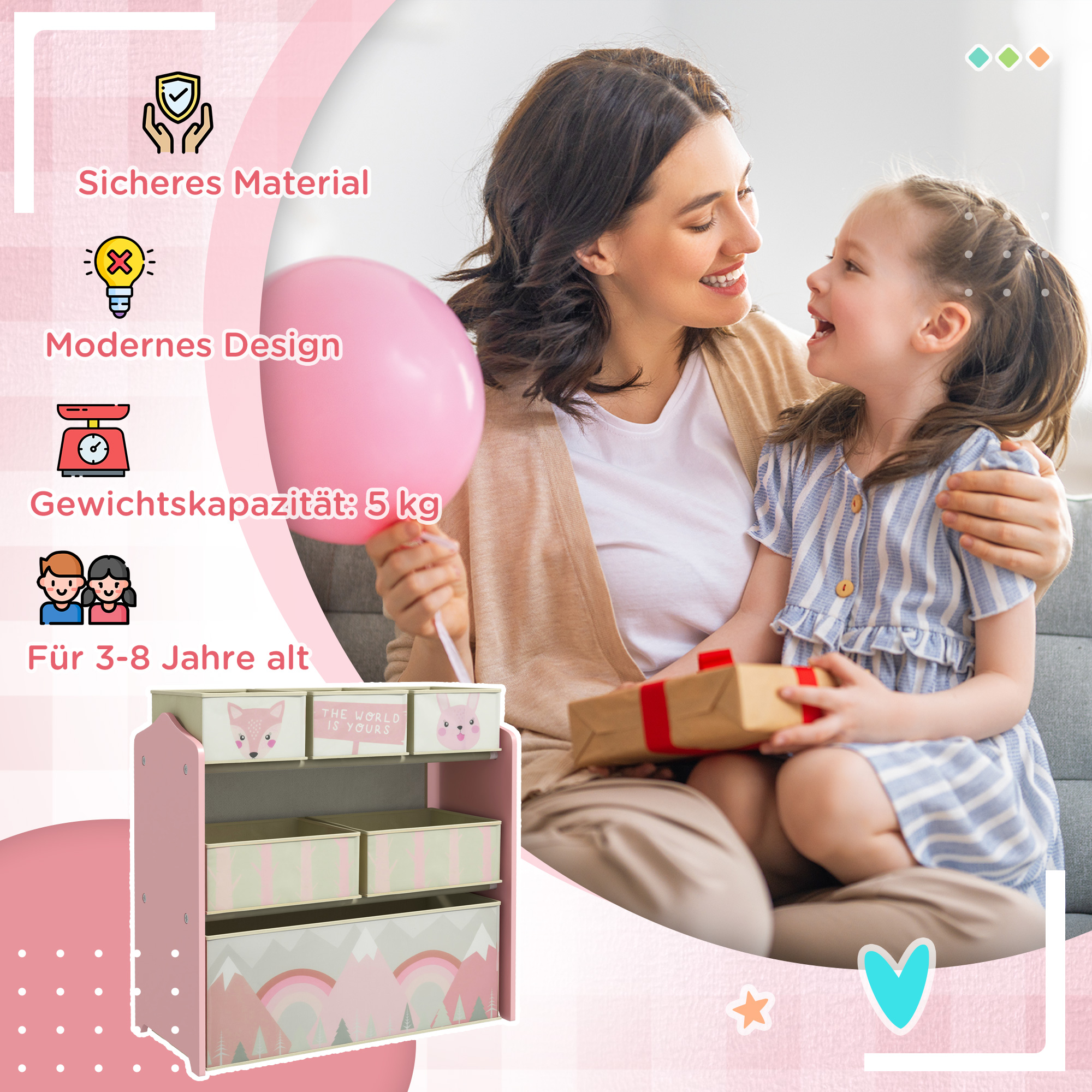Kinderschrank mit 6 Stoffboxen, niedliches Motiv, 63x30x66 cm, Rosa
