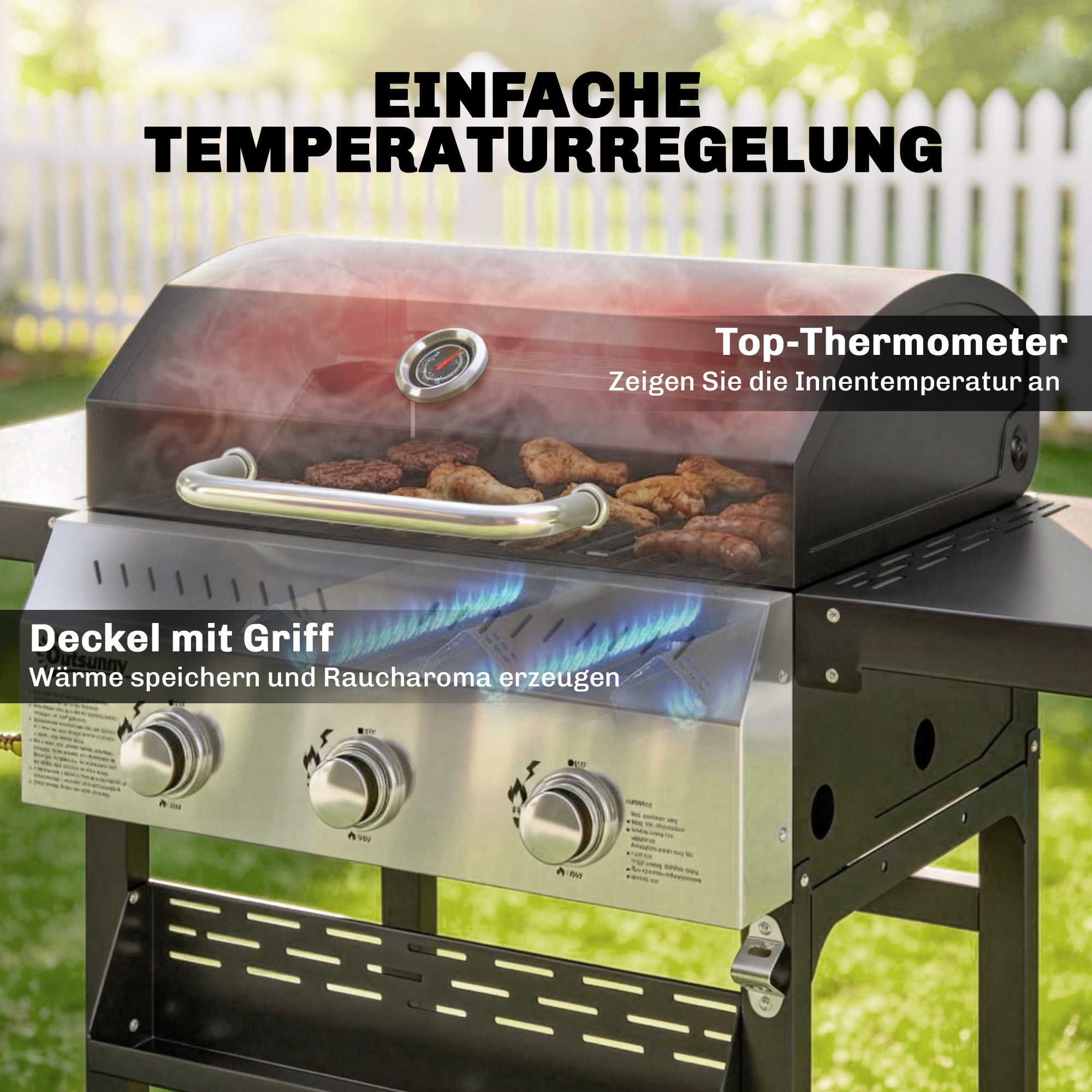 Gasgrill 9kW 3 Brenner BBQ Grillwagen Edelstahl inkl klappbar Seitentisch Gewürzhalter Unterregal 6 Haken