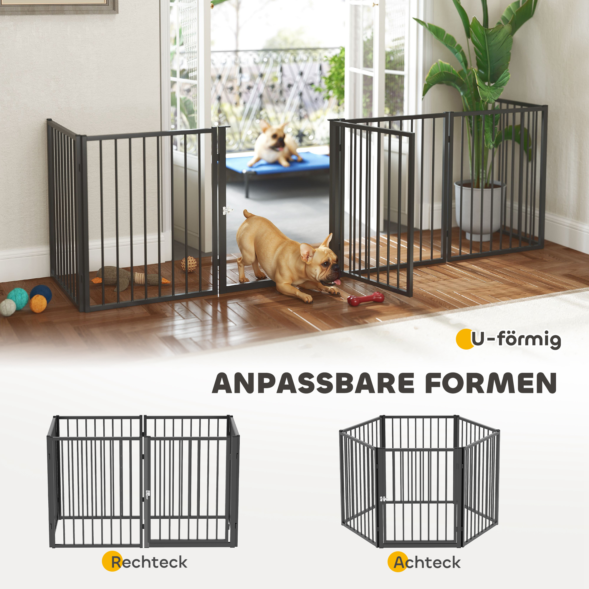 Welpenauslauf, Hundeauslauf, Welpengehege, 6 Paneele mit Tür, faltbarer und tragbarer Hundezaun, Stahl, Schwarz