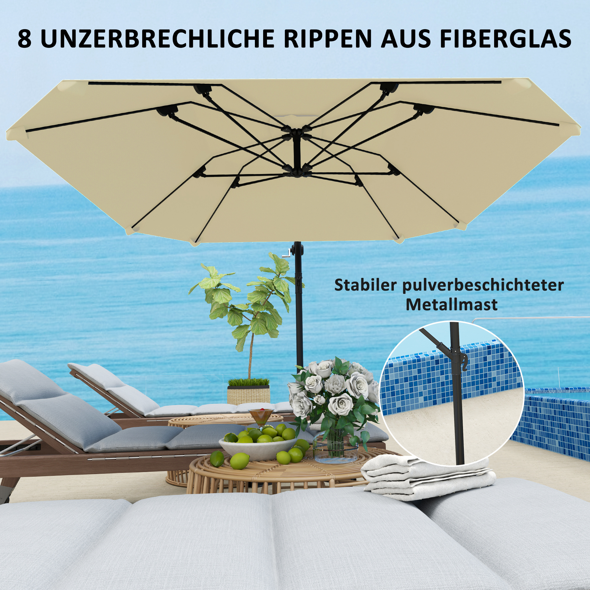 Ampelschirm Alu Ø 260 cm Sonnenschirm, wasserdicht Kurbelschirm mit Ständer, Kurbel, Beige