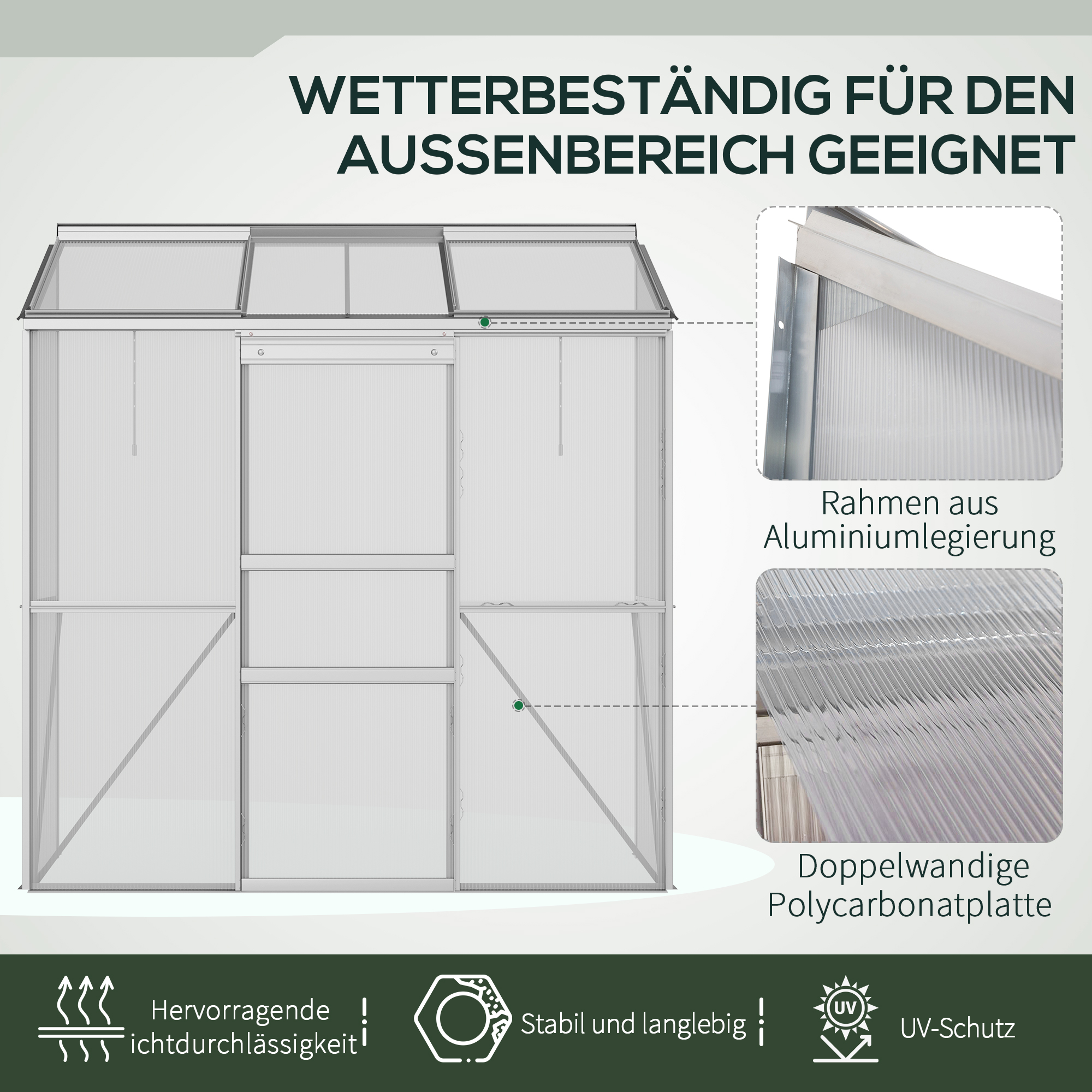 Anlehngewächshaus, Schiebetür, Dachfenster, Polycarbonat+Aluminium, Farbe: Silber, 192 x 68 x 196 cm