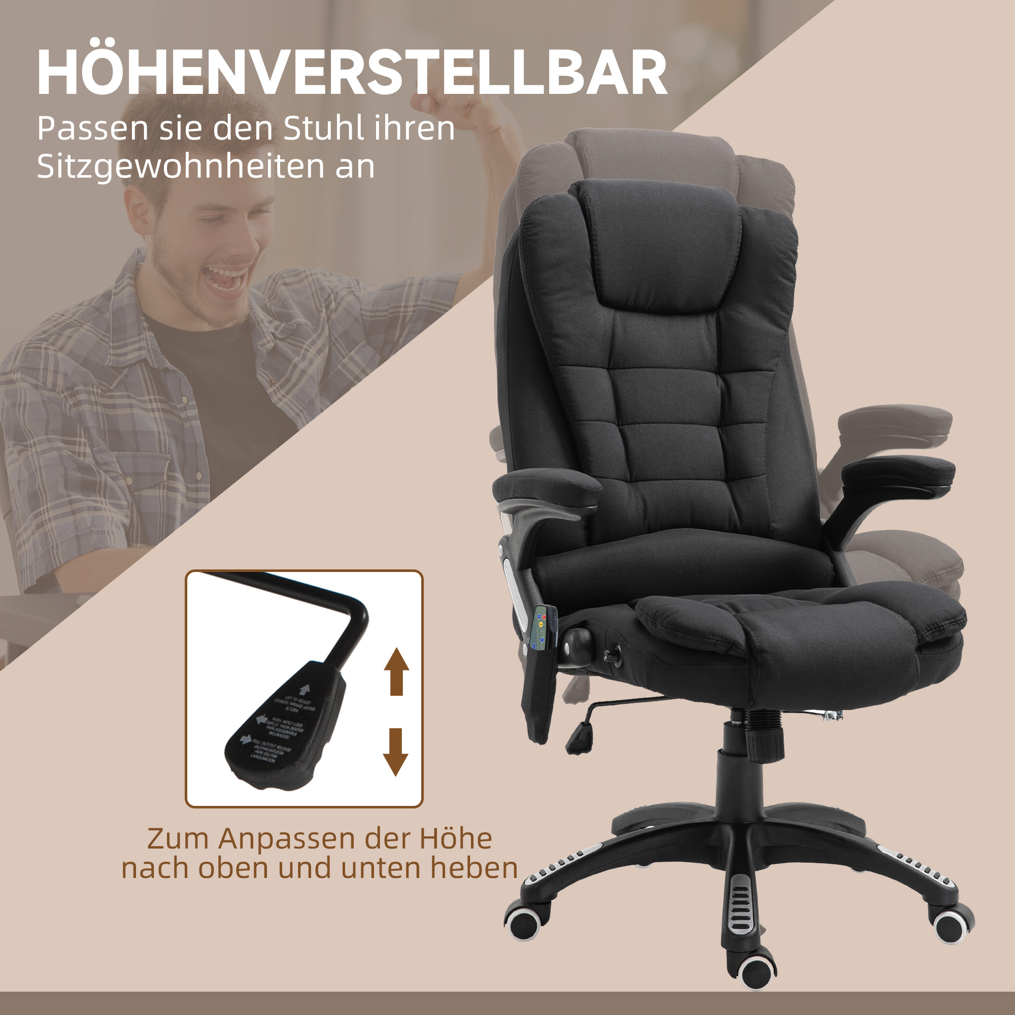 Bürostuhl mit Vibrationsmassage, Ergonomisch Schreibtischstuhl mit Heiz-, Liegefunktion, Höhenverstellbar Chefsessel mit Fernbedienung, Seitentasche, Leinenoptik, Schwarz
