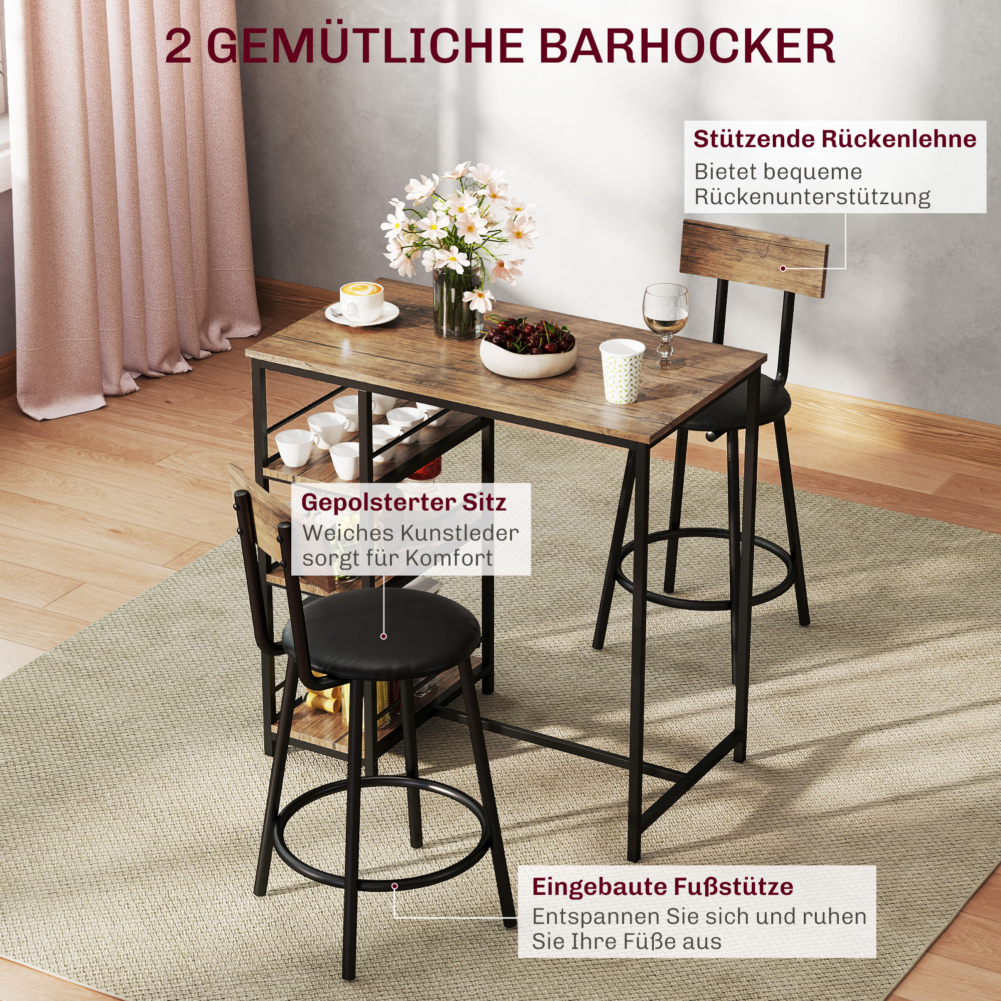 3-teiliges Ess-Set mit Bartisch und 2 Stühlen, Kleines Küchenset mit seitlichen Regalen, MDF, Metall, Schwarz