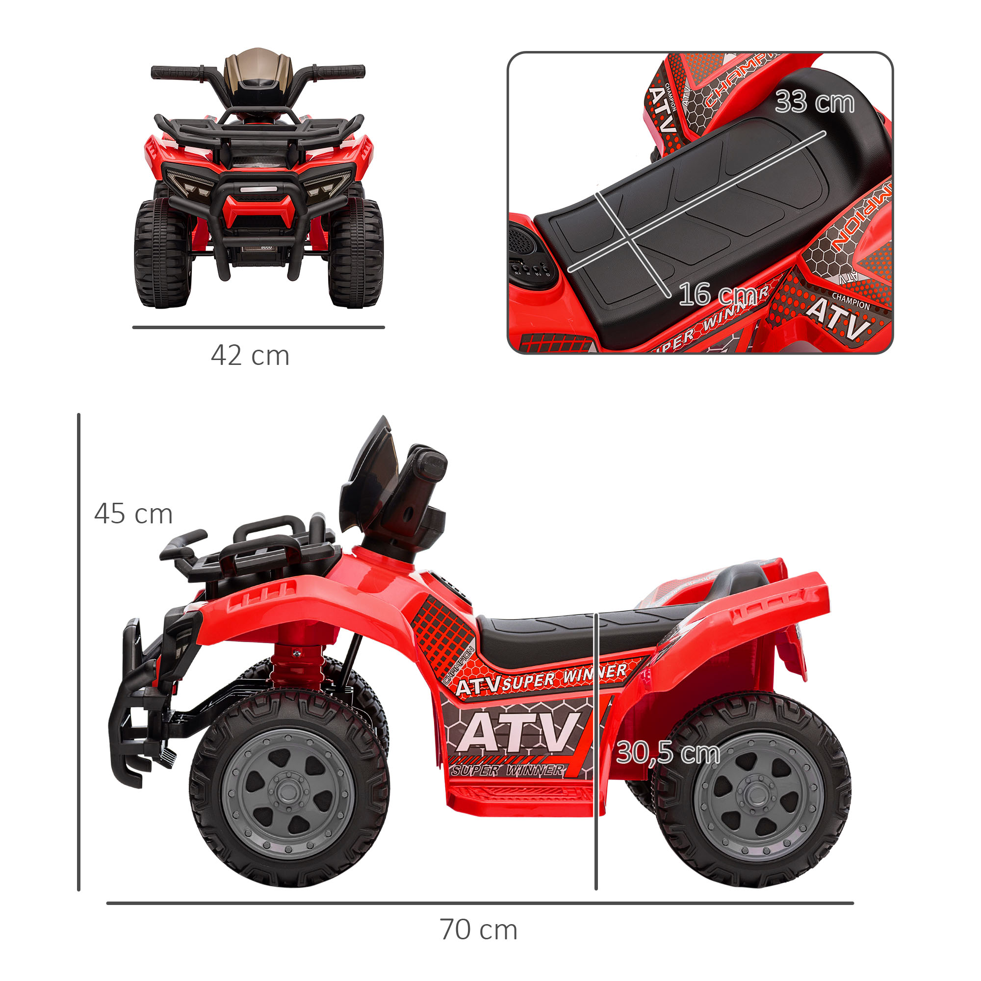 Kinderquad 6V Kinderquad mit Vorwärtsfunktion, Musik, Elektro-Quad für Kinder 1,5-3 Jahre Rot