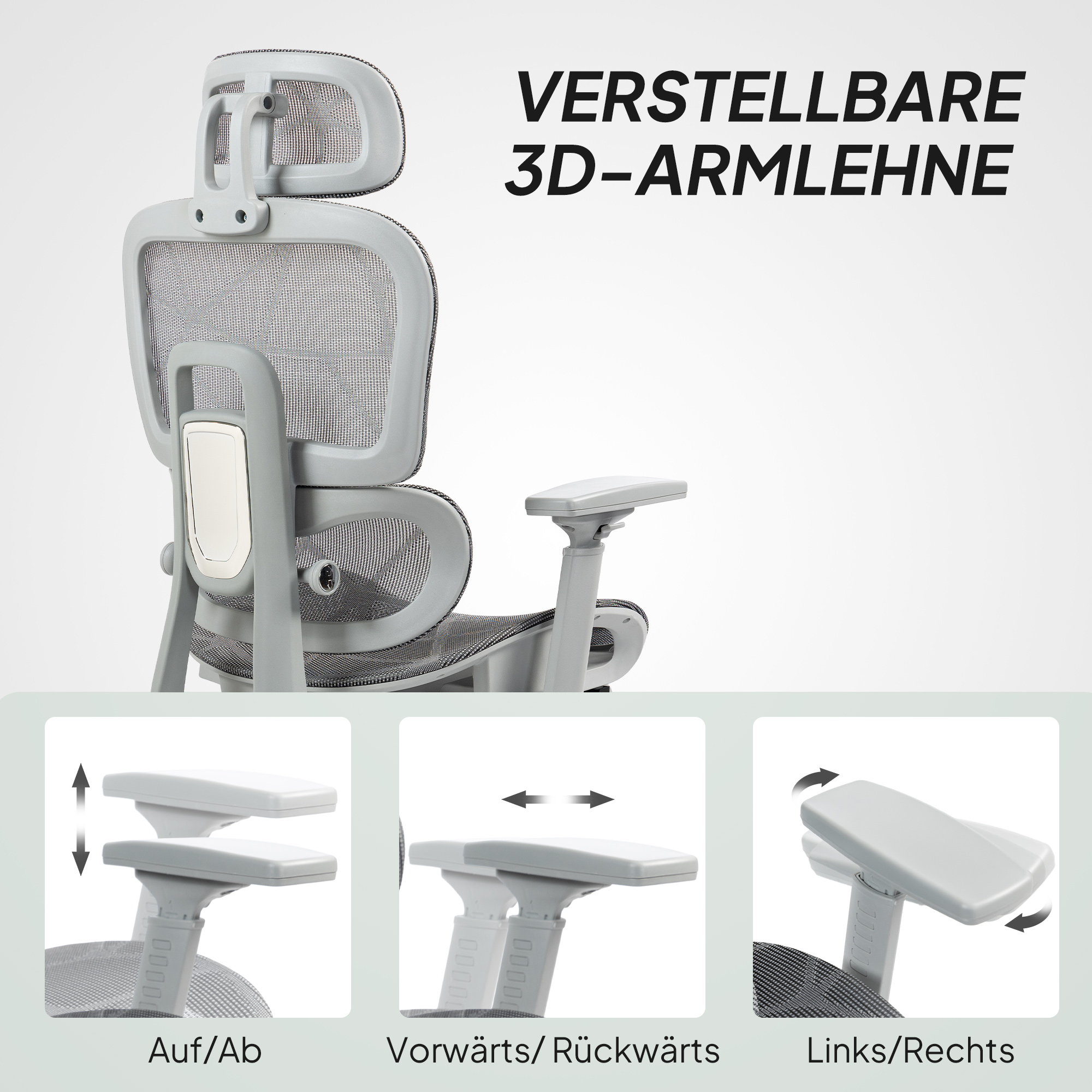 Bürostuhl, ergonomischer Schreibtischstuhl mit Netzstoffbezug, verstellbar, rollbar, mit Armlehnen, Kopfstütze, Grau