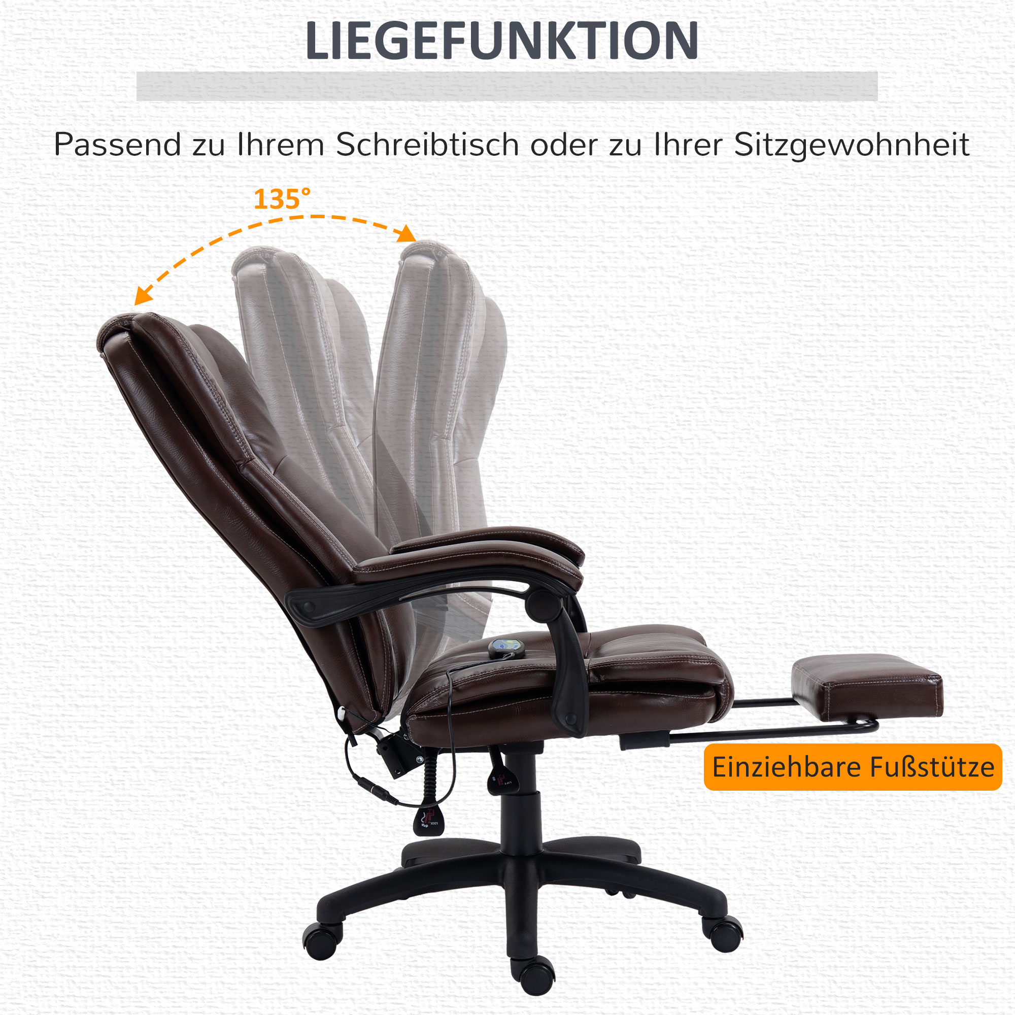verstellbarer Drehstuhl mit Fußstütze, Kopfstütze, Massagefunktion, Kunstleder, 68,5x68,5x113-121cm, Braun