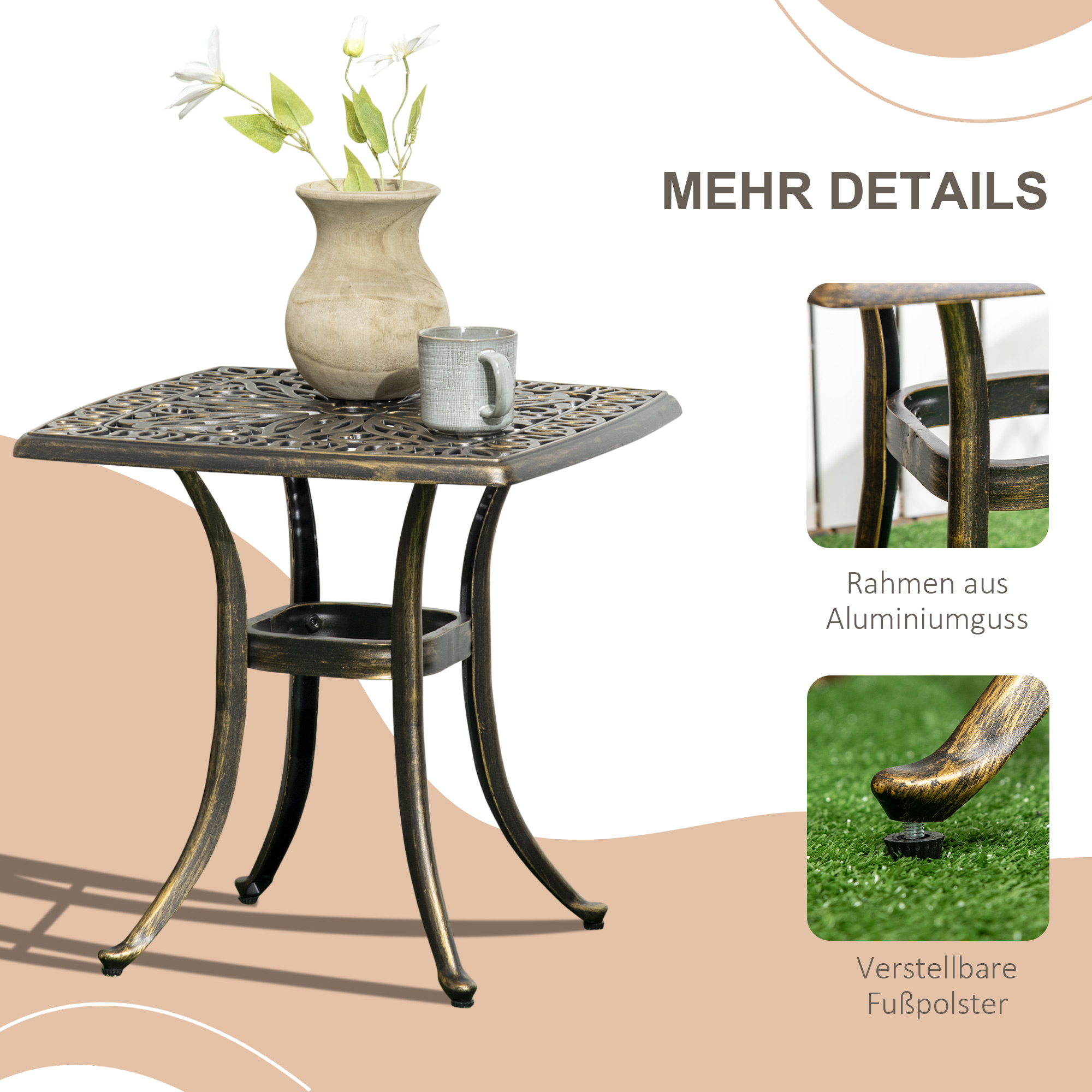 Gartentisch, dekoratives Vintage-Design, mit Schirmloch, Aluminiumguss, Farbe: Bronze, 54 x 54 x 52,5 cm
