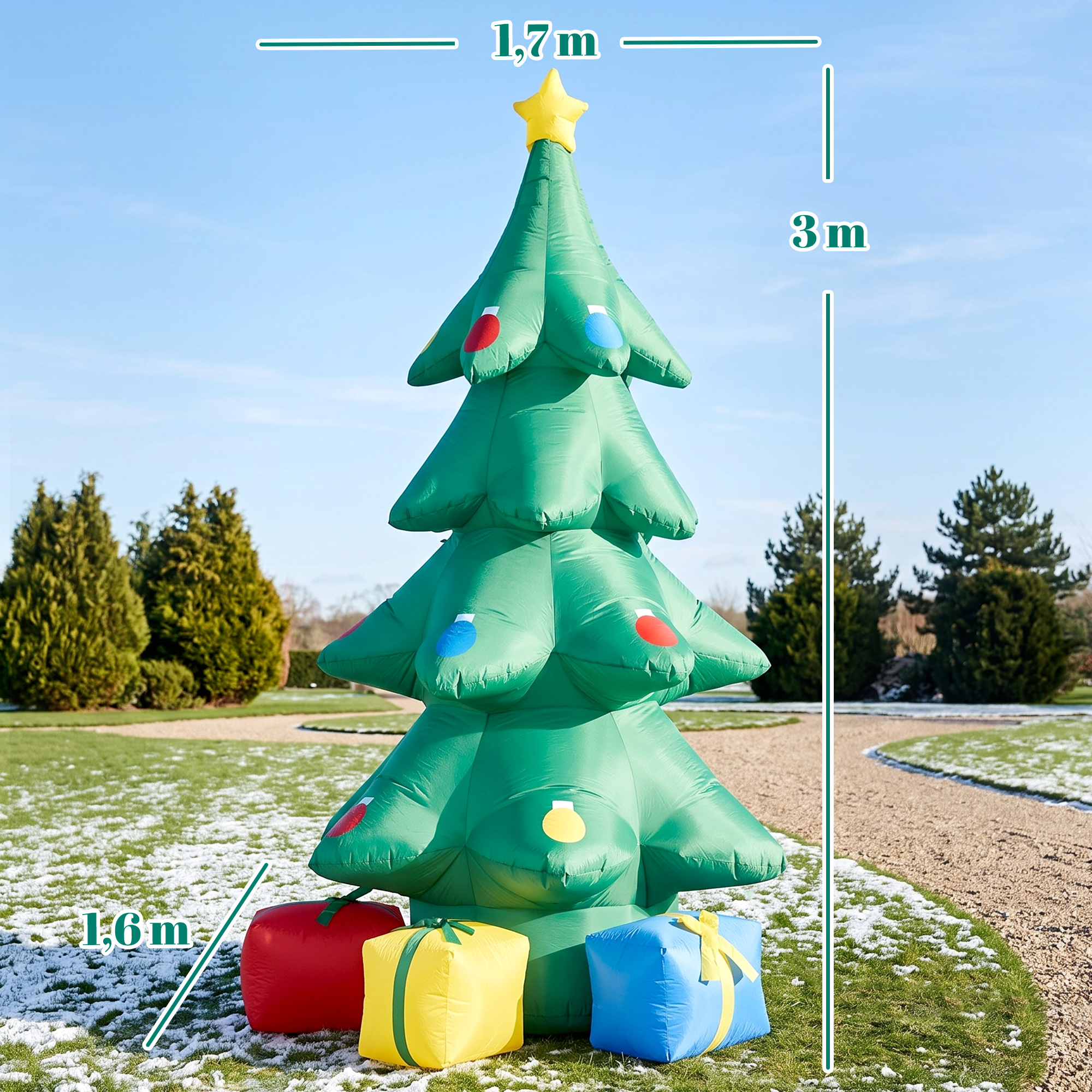 Aufblasbarer Weihnachtsbaum 300 cm mit RGB-Stern LED-Licht, Geschenkboxen, XXL  IP44 Wasserdicht für Weihnachtsfeiern