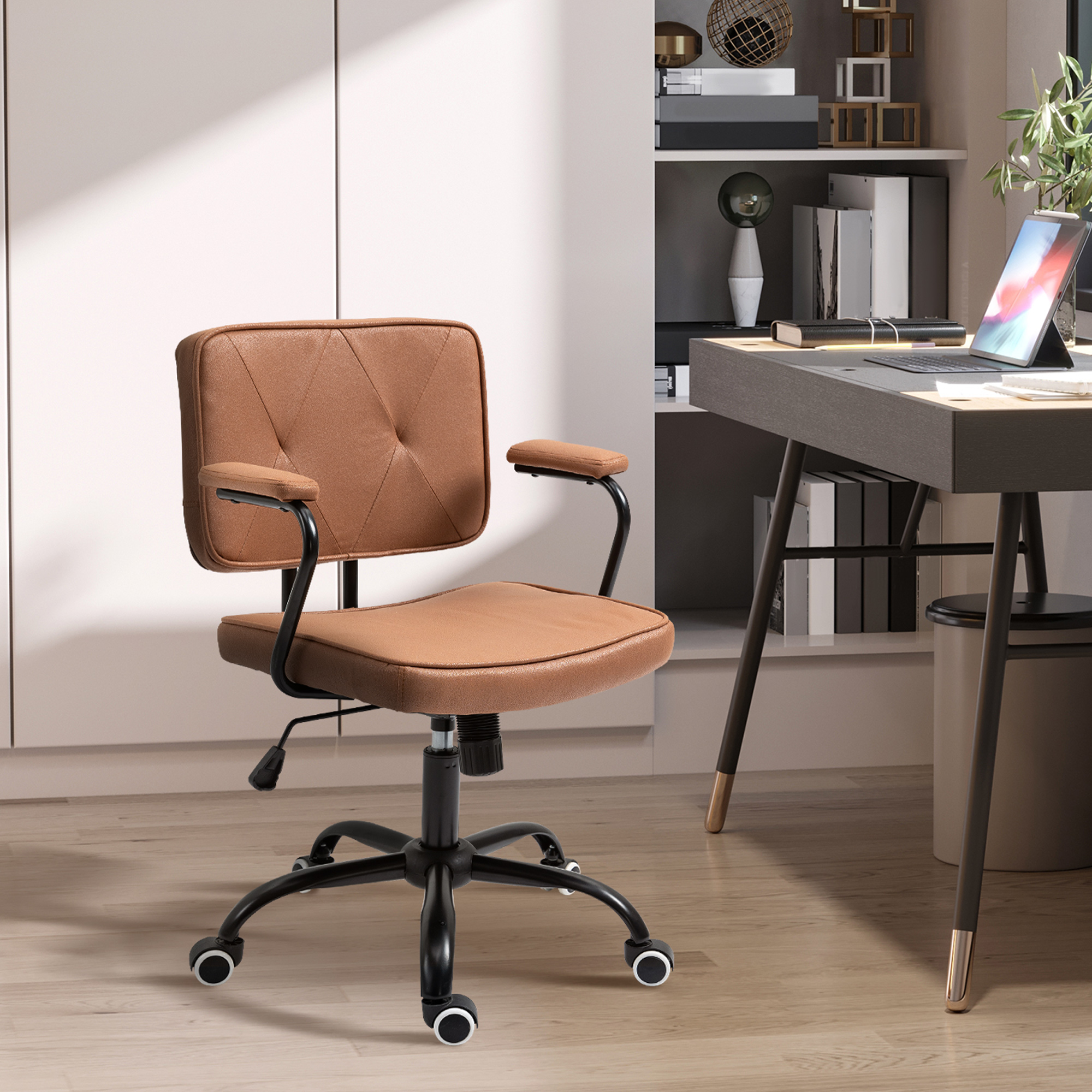 Bürostuhl mit Rollen Drehstuhl Schreibtischstuhl für Büro höhenverstellbar mit Wippfunktion 360°-Drehung neigbar Schaumstoff Braun 61 x 58 x 82-91 cm
