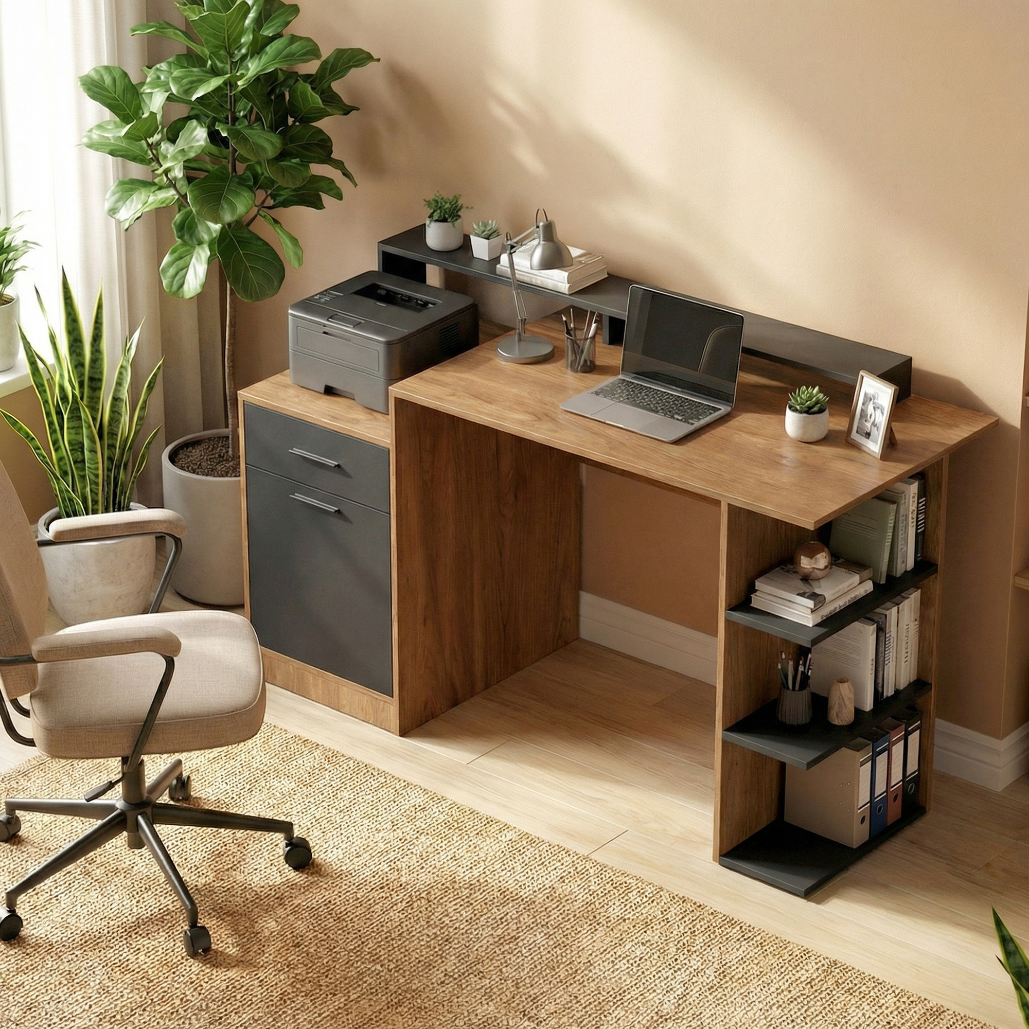 Computertisch mit Stauraum und Regalen, Moderner Schreibtisch für Büro und Arbeitszimmer, 140 cm, Eiche