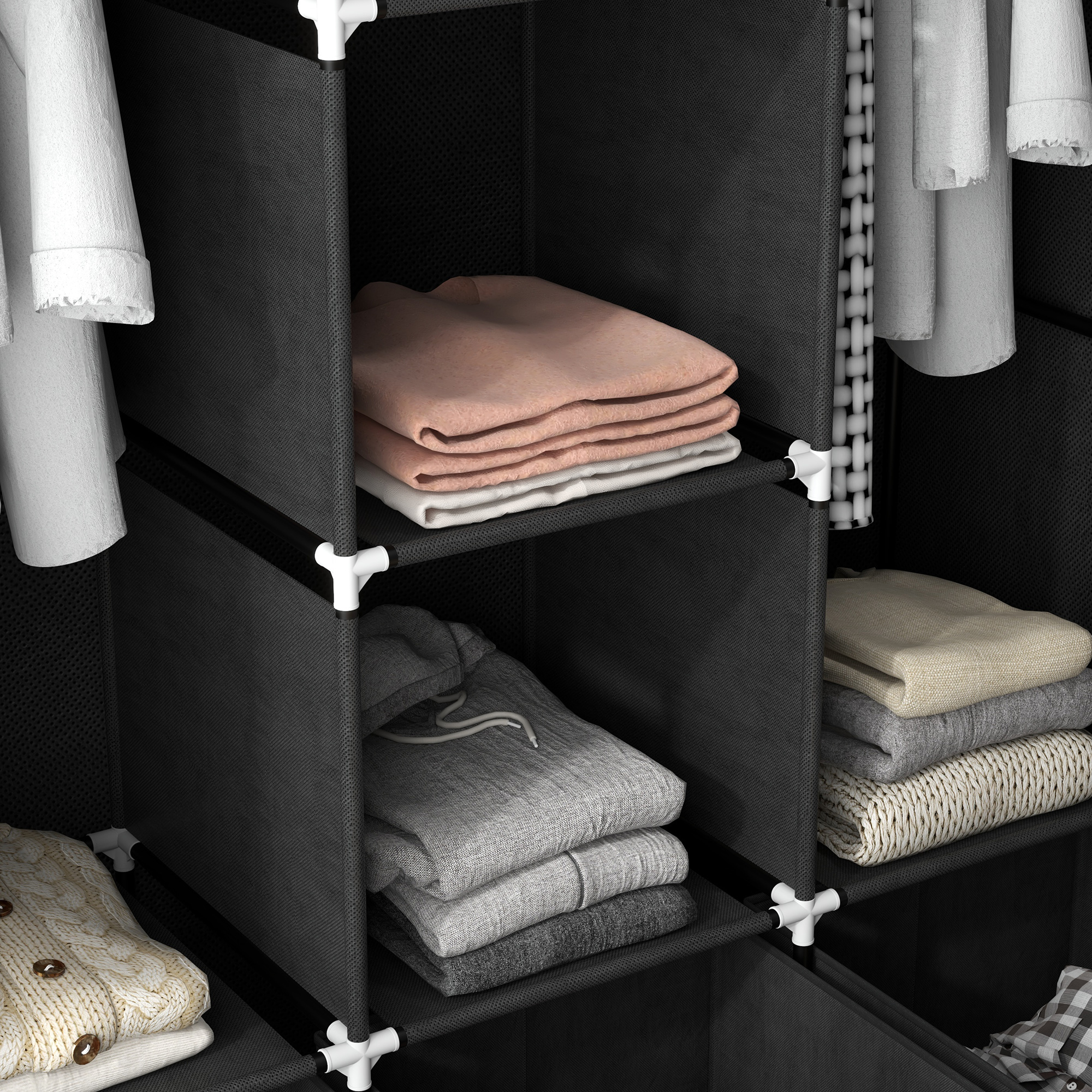 Stoffschrank aus Vlies, Faltschrank, inkl. 3 Schubladen, 125 cm x 43 cm x 162,5 cm, Schwarz
