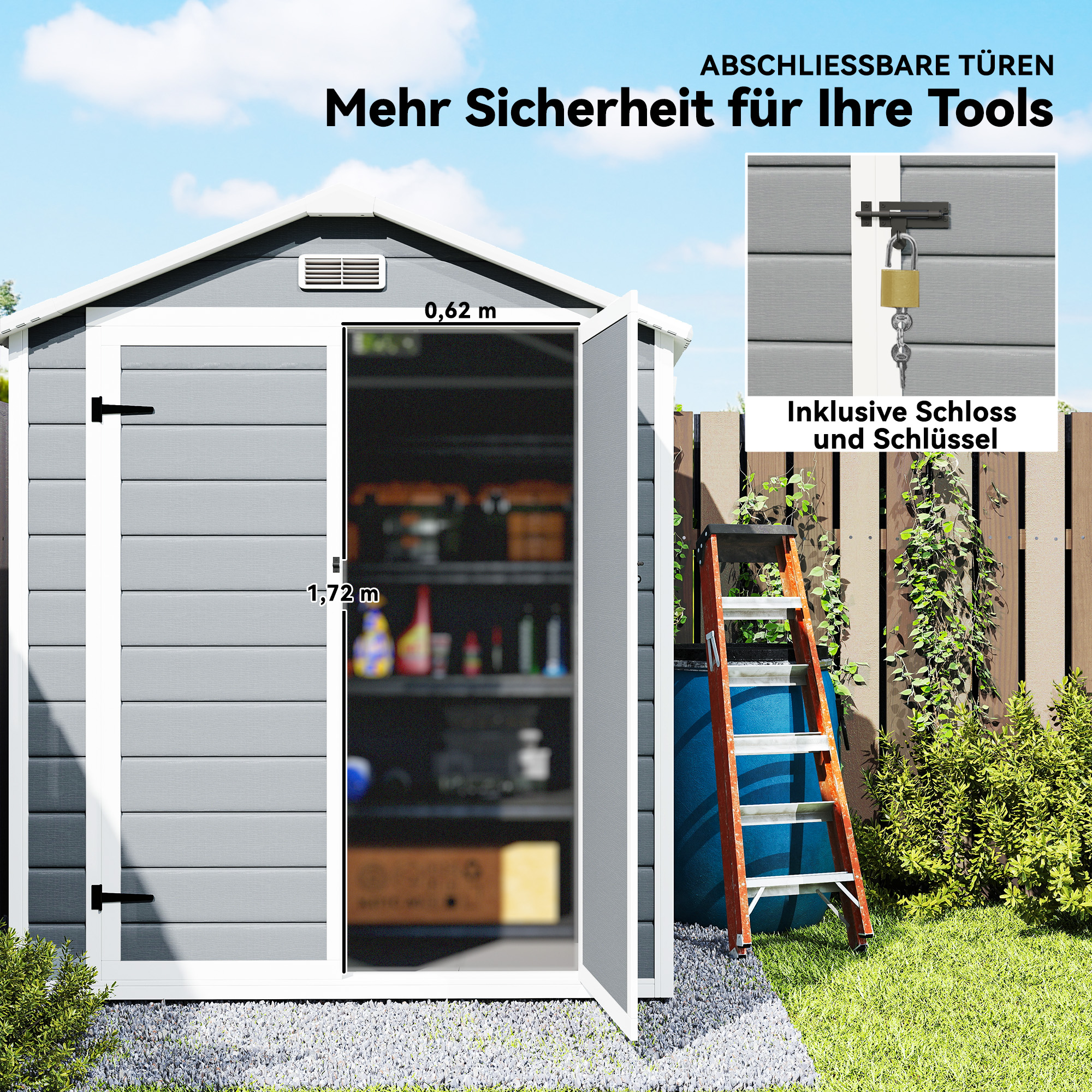 Metall-Gartenschuppen, abschließbar, Doppeltür, Fenster, Aluminiumrahmen, 1,80 x 1,30 x 2,10 m, Grau