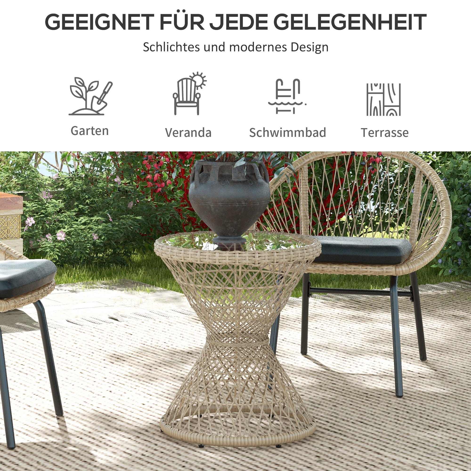 Couchtisch Beistelltisch Boho-Design, Glasplatte, PE-Rattan, 45 cm x 45 cm x 52 cm, Natur