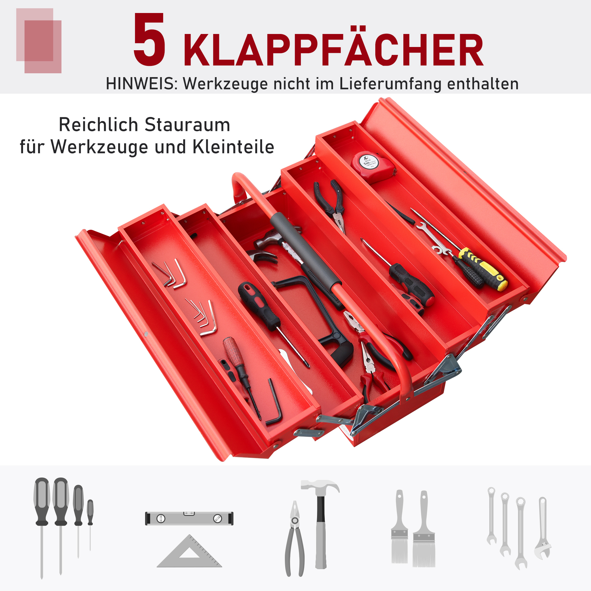 Werkzeugkoffer Werkzeugkiste 5 Fächer aufklappbar Stahl (SPCC) Rot 56 x 20 x 41 cm