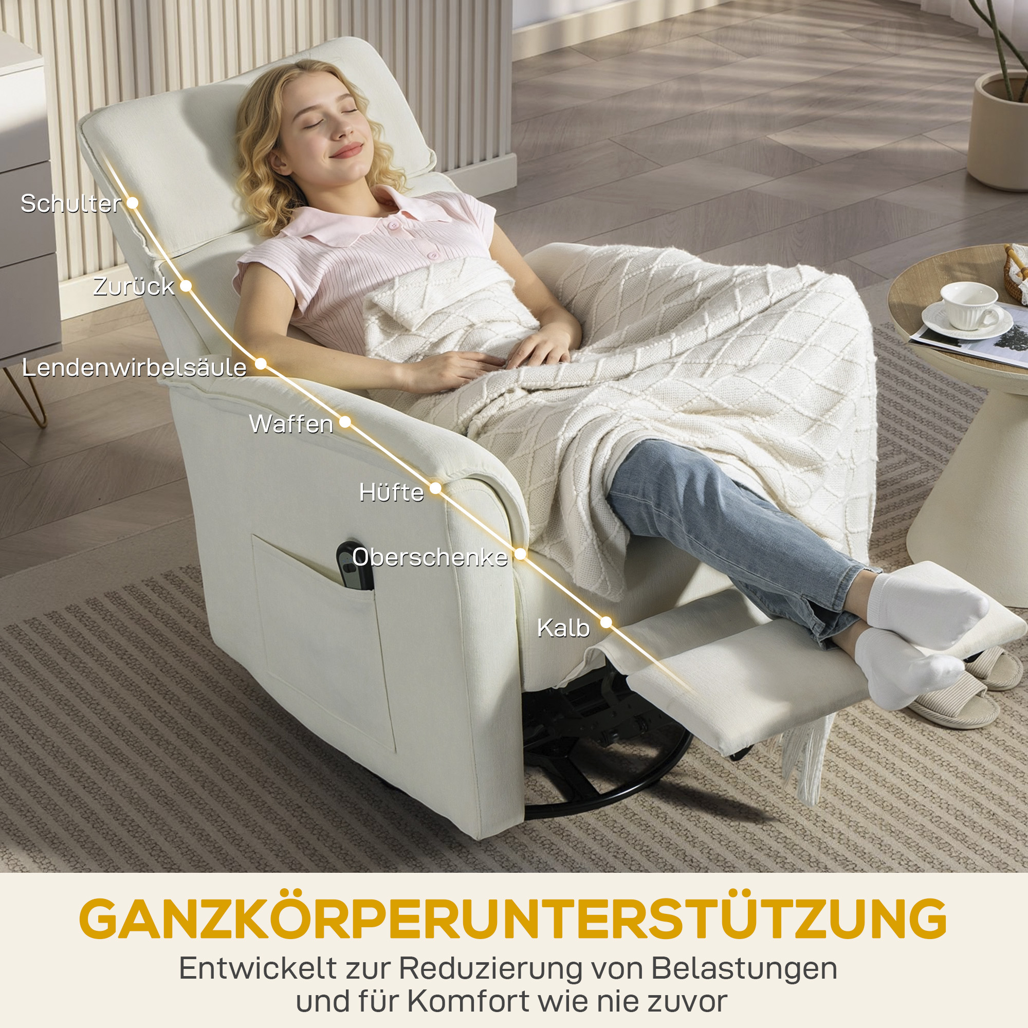 Relaxsessel Elektrisch mit Liegefunktion, Verstellbare Rückenlehne, Kopfstütze für Wohnzimmer Cremeweiß