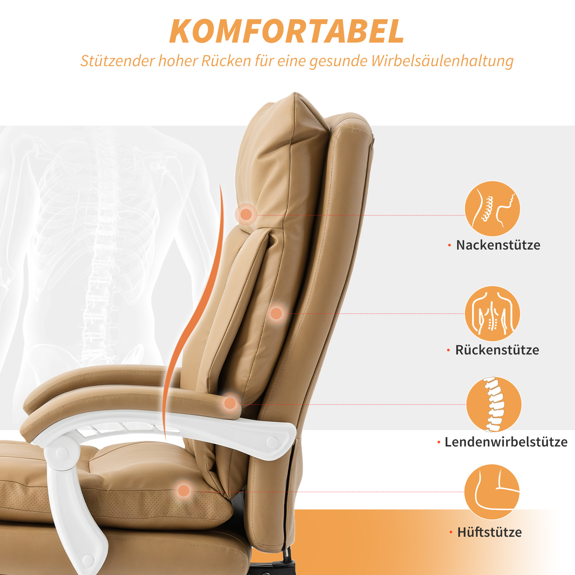 Bürostuhl Ergonomischer Schreibtischstuhl mit Lendenwirbelstütze, Fußstütze Hellbraun