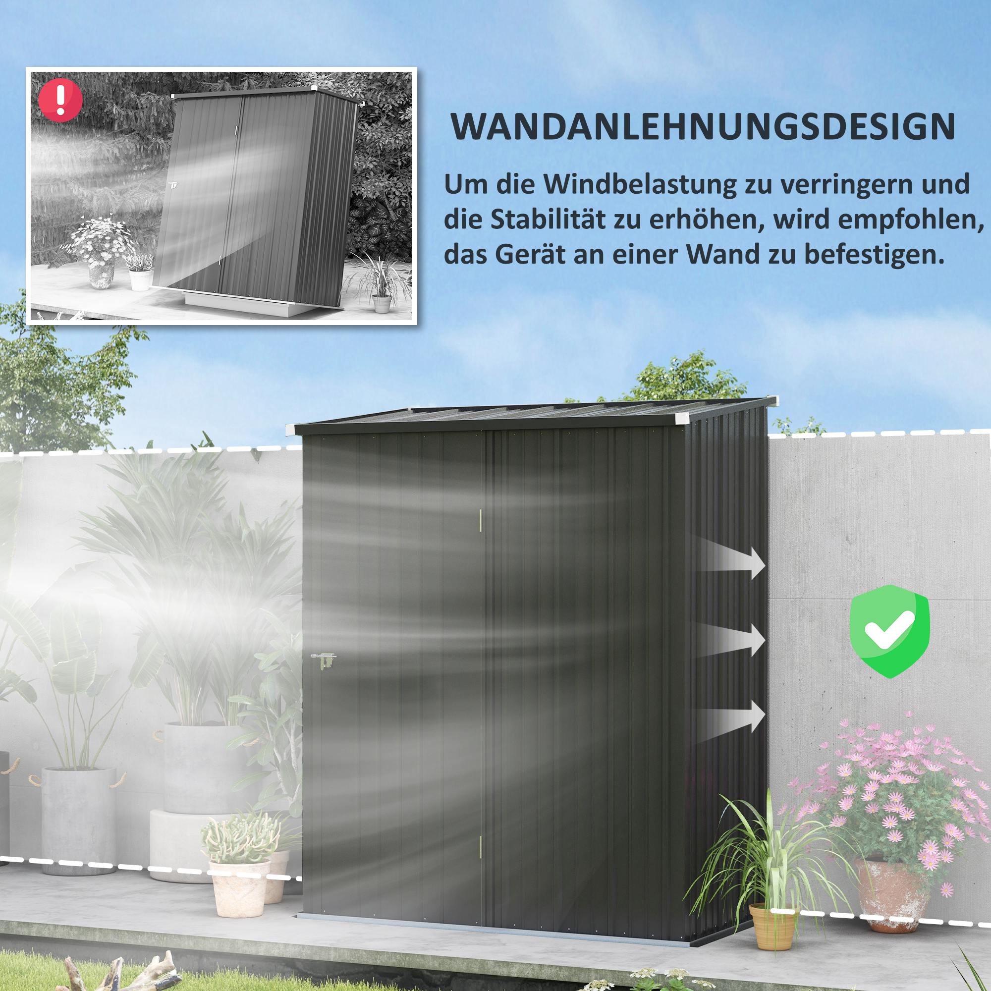 Gartenschuppen Geräteschuppen, verschließbare Tür, wetterbeständig, inkl. Regale, 161,5 cm x 94,5 cm x 196 cm, Schwarz