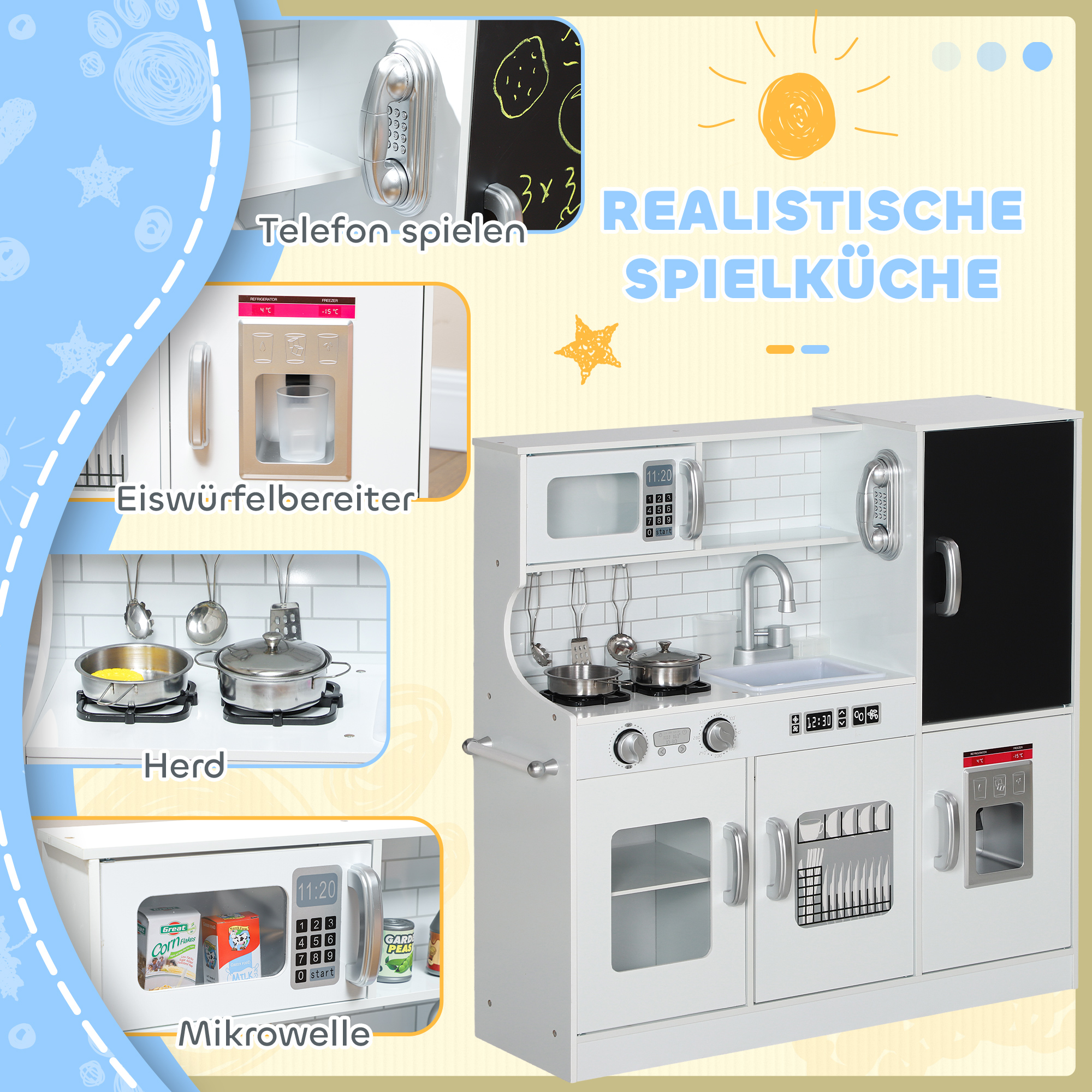 Kinderküche, Spielküche mit Telefon, Kreidetafel, Mikrowelle, Herd, Spüle, Zubehör, Eiswürfelmaschine, 3-8 Jahre, Weiß