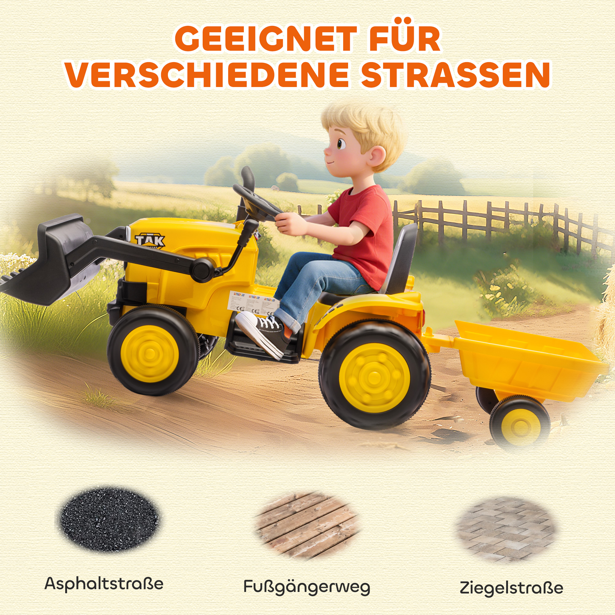 Elektrisches Aufsitz-Baufahrzeug, Spielzeugbagger mit Anhänger, 3-8 Jahre, Kunststoff, Stahl, Gelb