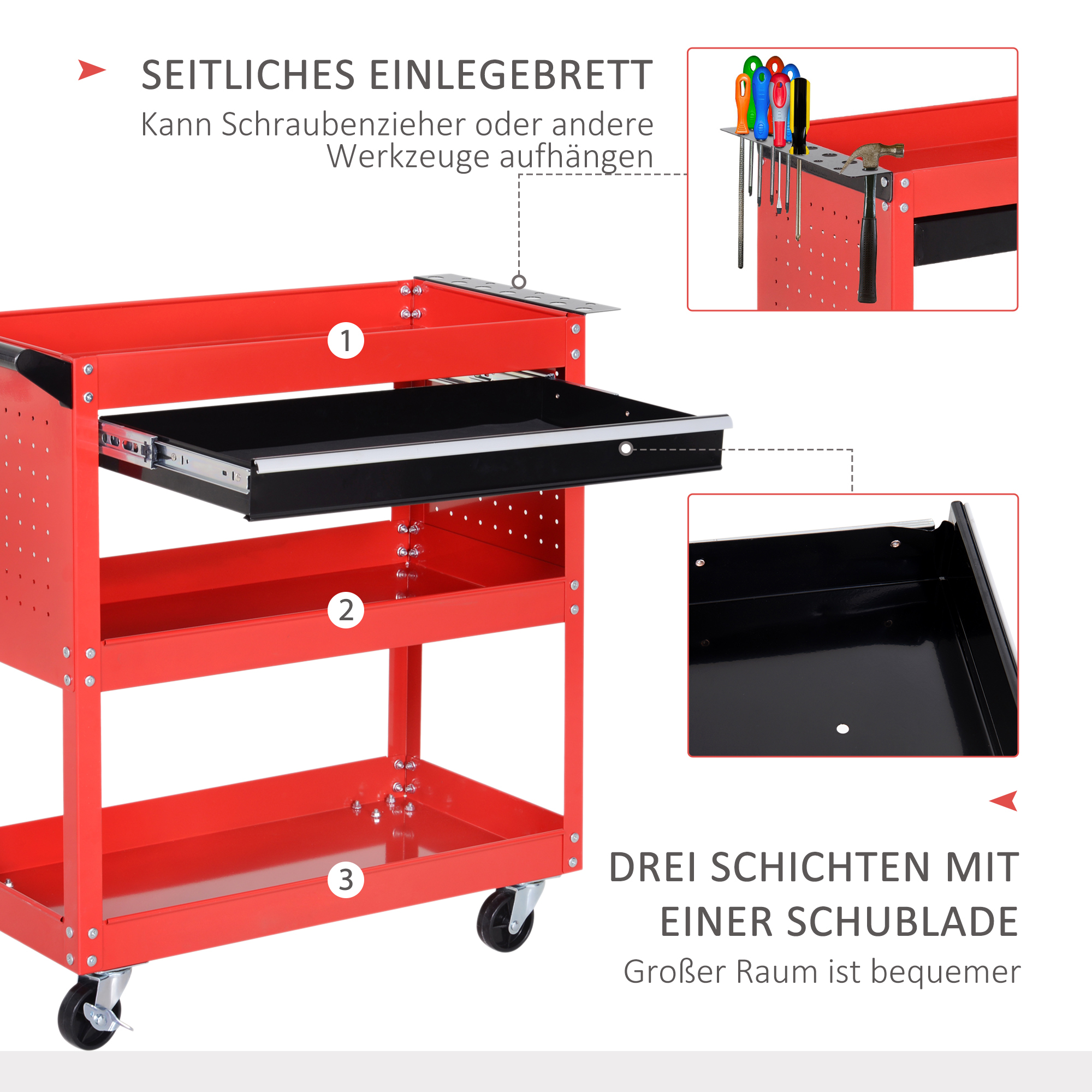 Werkzeugkoffer Werkzeugtrolley Werkzeugbox, 3 Ebenen, 4 Rollen, 82 cm x 35 cm x 76 cm, Rot