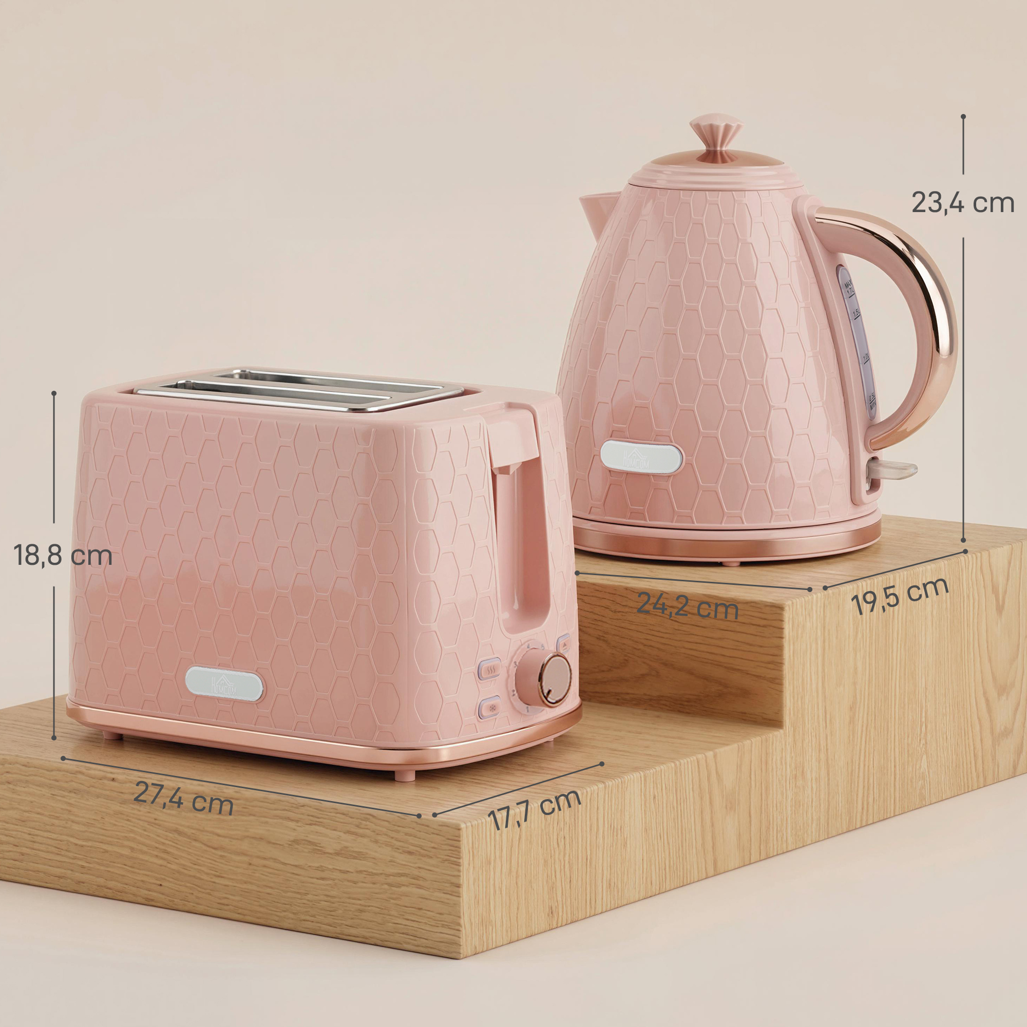 Wasserkocher- und Toaster-Set, 1,7L 2200W Schnellkoch-Wasserkocher mit automatischer Abschaltung und 2-Scheiben-Toaster mit Krümelschublade, Rosa